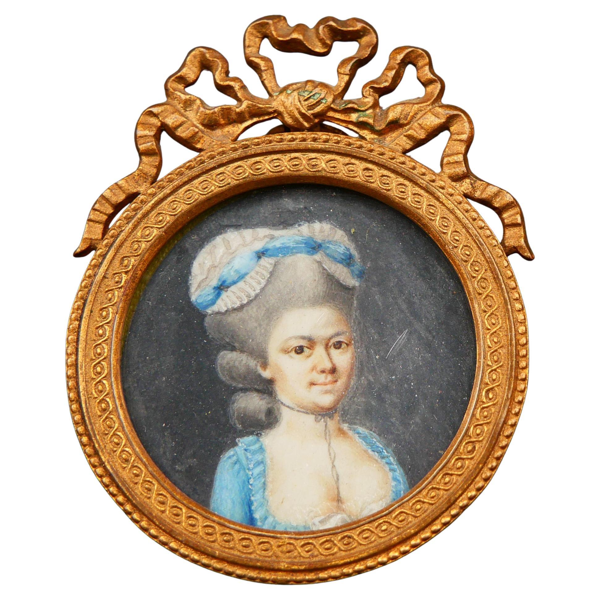 18th cent Woman in Blue Dress European Miniature Portrait Tempera Painting For Sale
