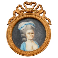 18th cent Woman in Blue Dress European Miniature Portrait Tempera Painting