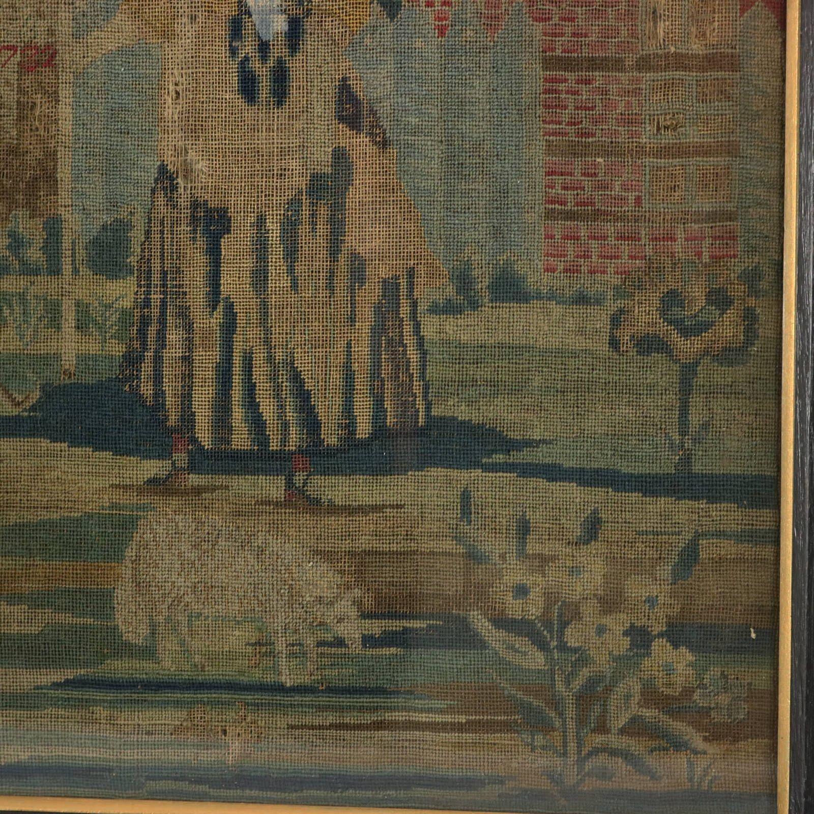 Silk 18th Century, 1732 Petit Point Embroidery Picture of Lady & Gent For Sale