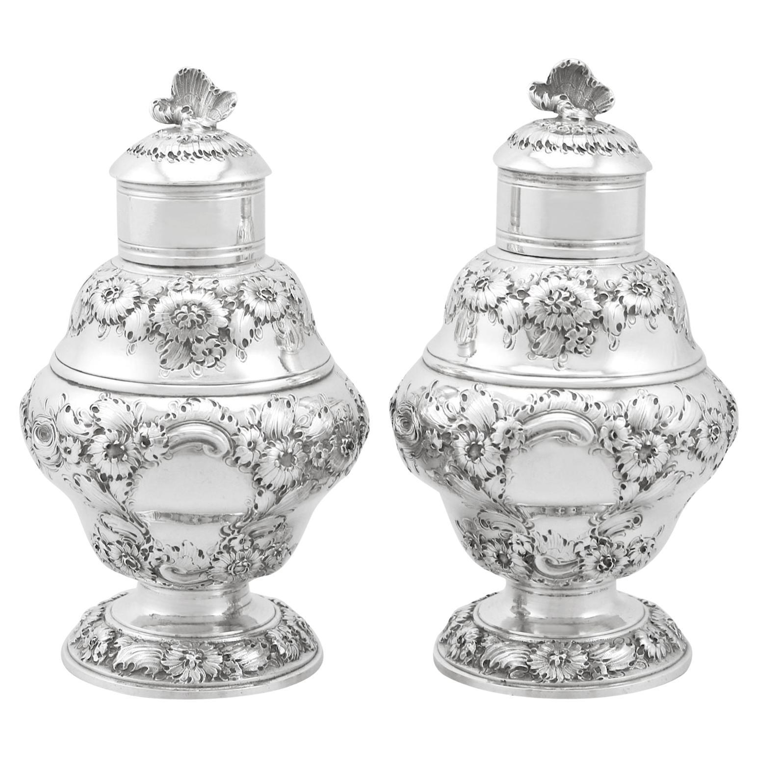 18th Century 1750 Georgian Sterling Silver Set of Two Tea Caddies