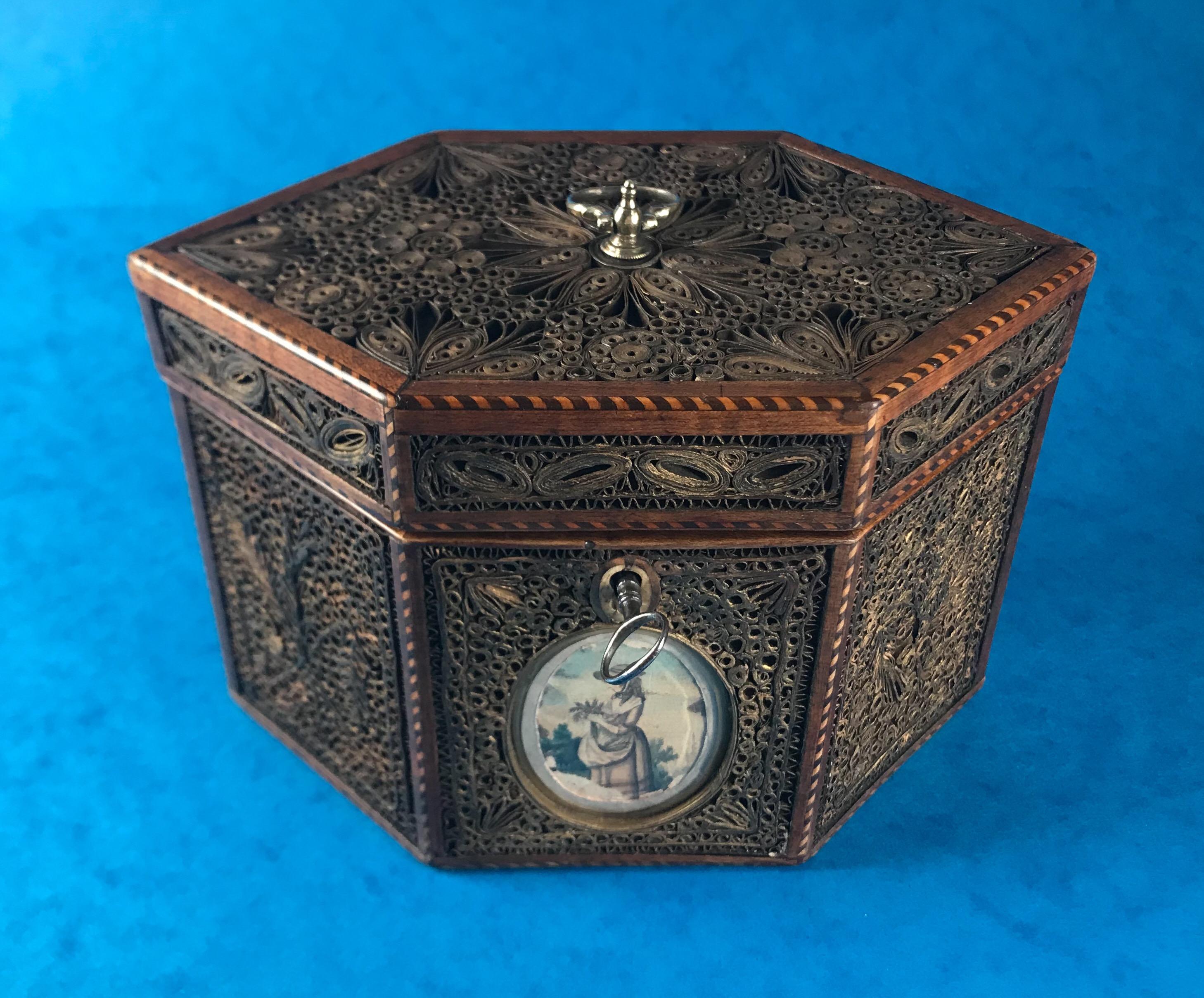 English 18th Century 1785 Rolled Paper Inlaid Tea Caddy