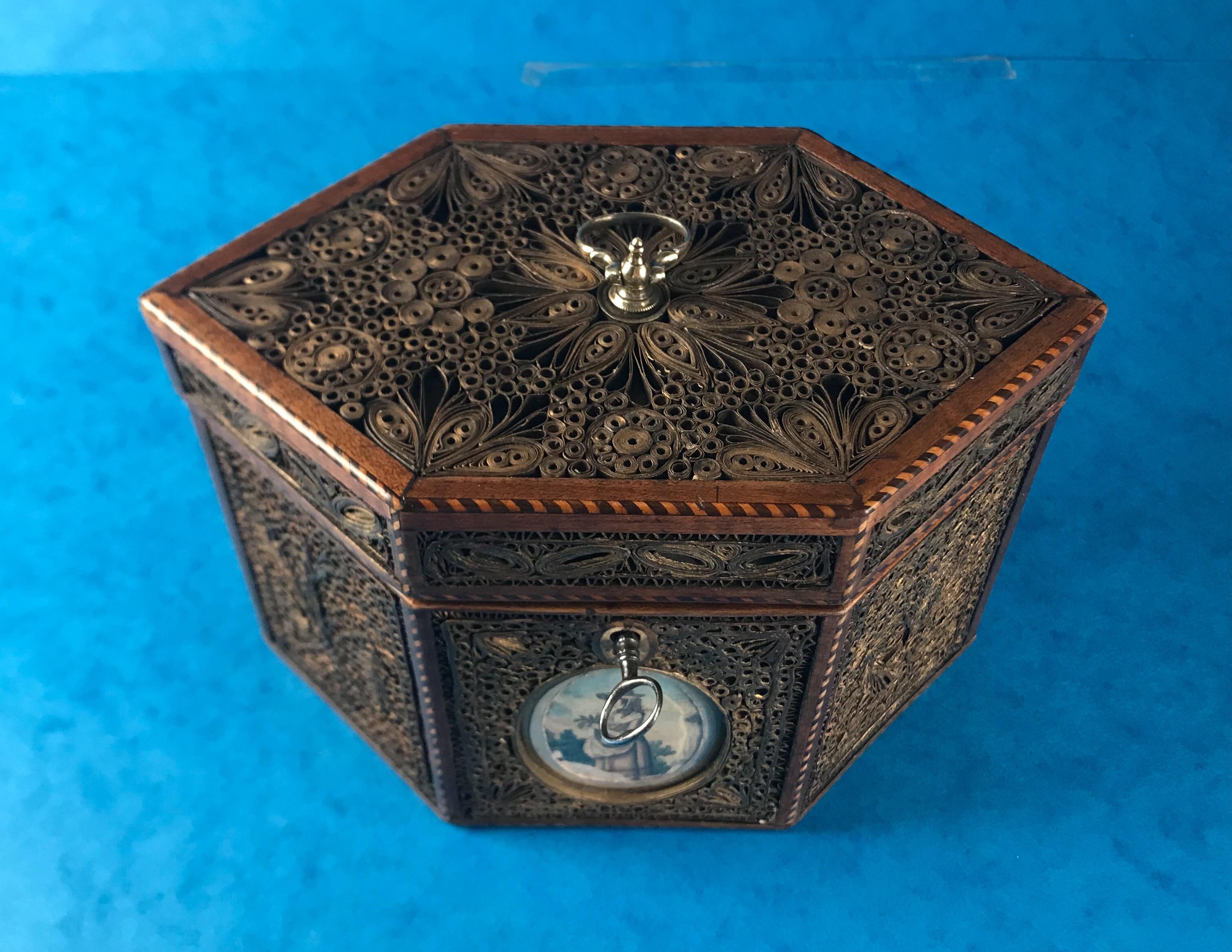 Other 18th Century 1785 Rolled Paper Inlaid Tea Caddy