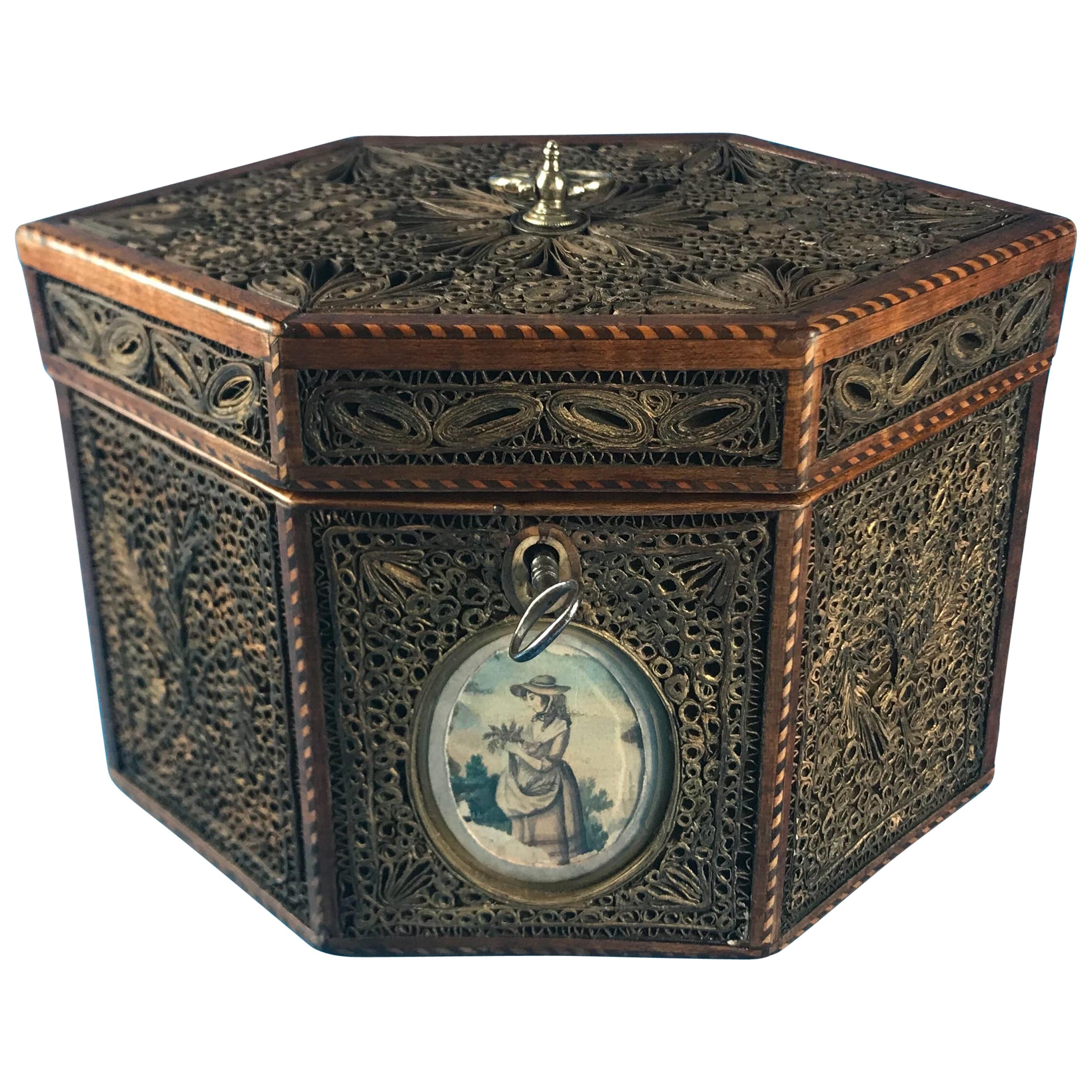 18th Century 1785 Rolled Paper Inlaid Tea Caddy