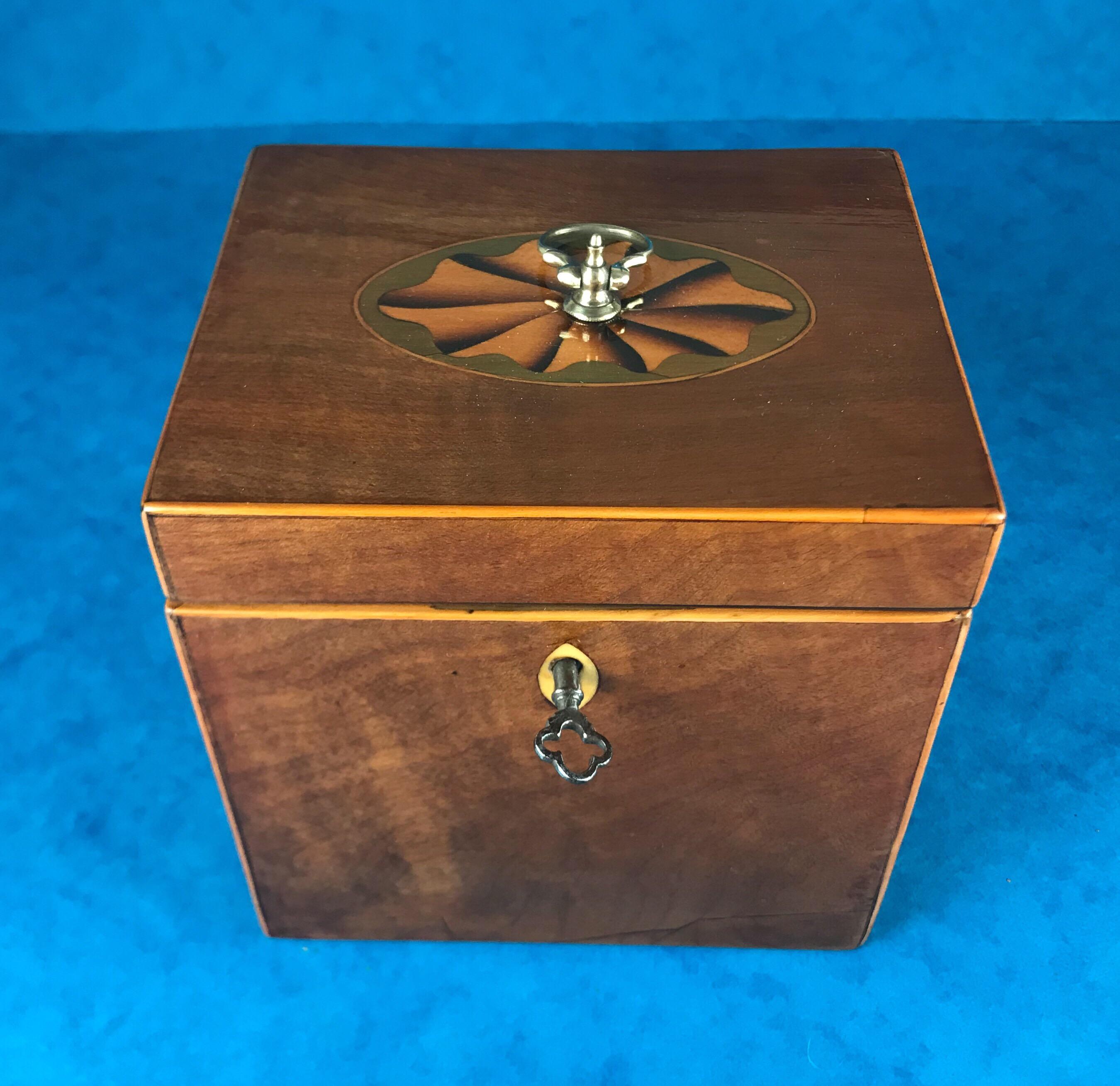 A 18th century 1790 fan inlaid Harewood single tea caddy, it has a working lock and key, it’s original handle to the top, a mahogany lid to the inside and 
It measures 12 by 10 and stands 12 cm high.
   