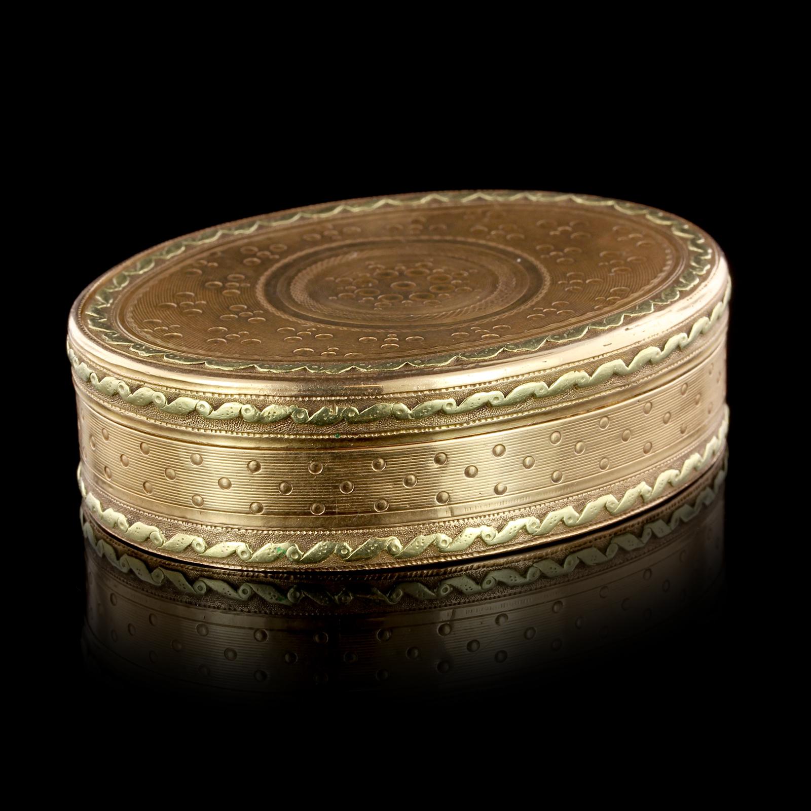 18th Century 18K Gold Snuff Box, possibly Switzerland. The vari-color oval box
has engine turned details and applied gold ribbon accents, measures 2 1/2