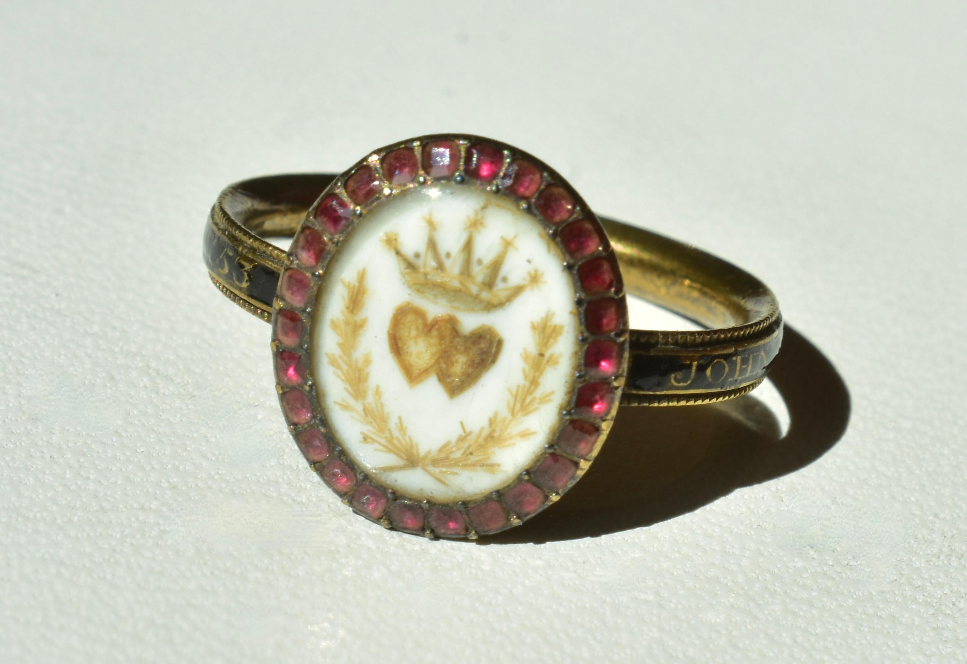 George II 18th Century 18K Memorial Ring Centering Two Hearts & Surround by Garnets Amer. 