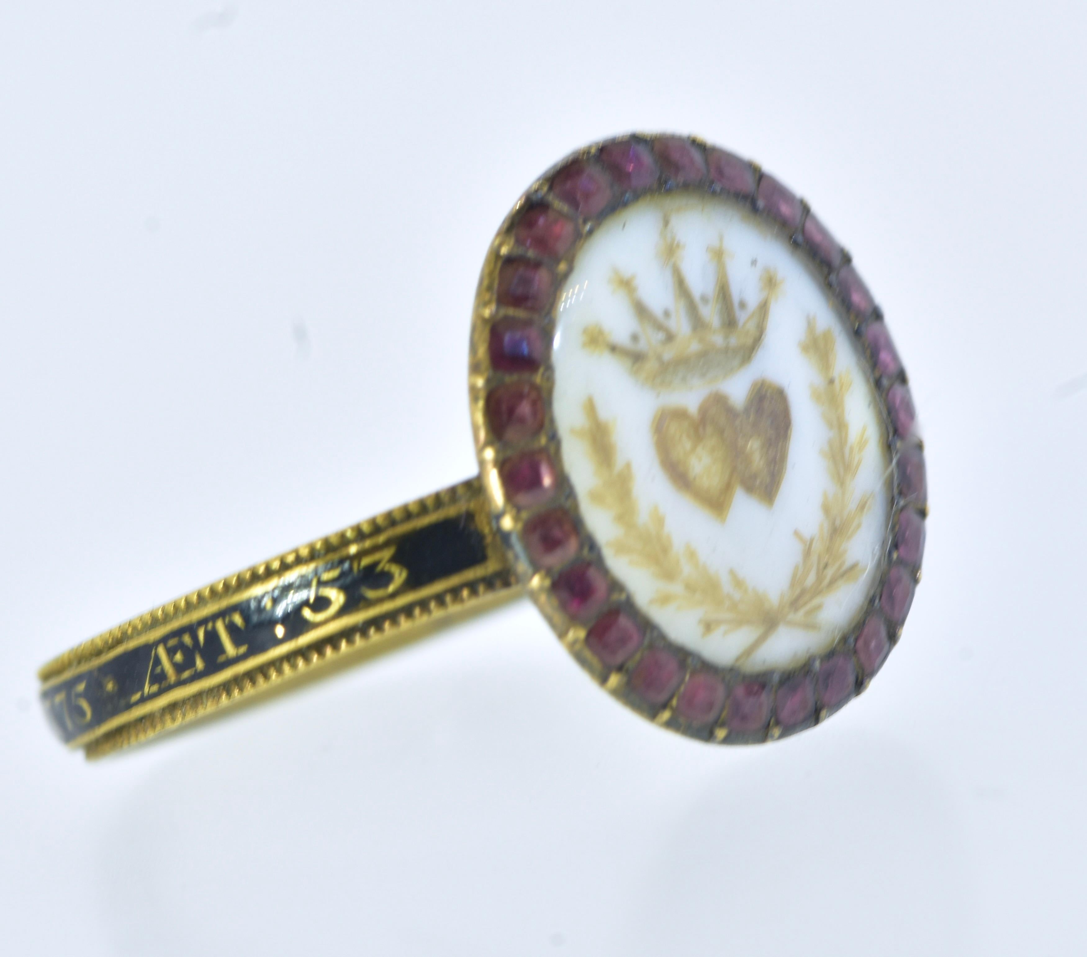 Antique Cushion Cut 18th Century 18K Memorial Ring Centering Two Hearts & Surround by Garnets Amer. 