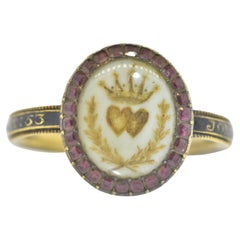 18th Century 18K Memorial Ring Centering Two Hearts & Surround by Garnets Amer. 