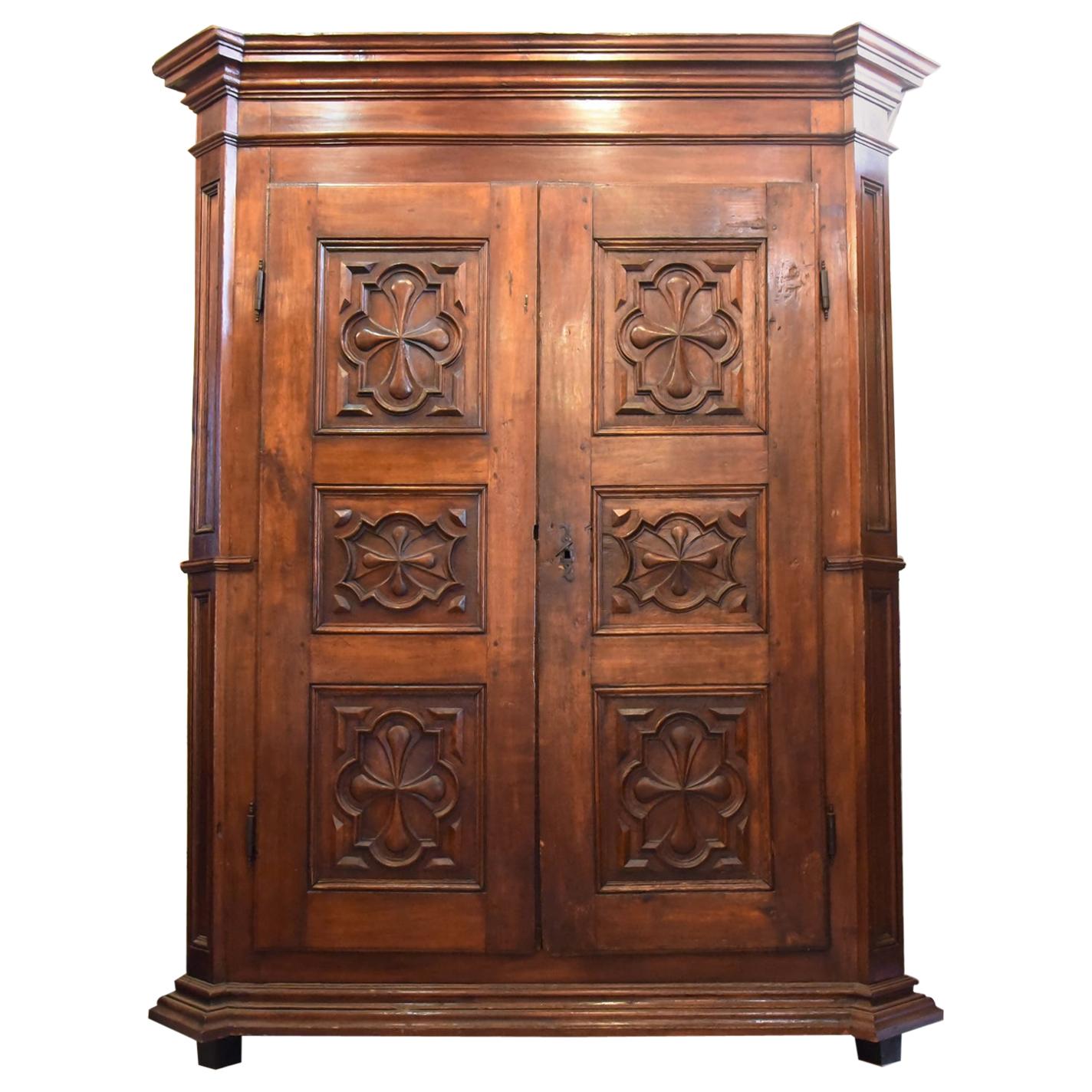 18th Century, 2-Piece Wardrobe in Brown Poplar, Northern Italy, 1700s For Sale