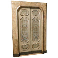 Antique 18th Century 2 Wooden Lacquered and Silvered Doors with Frame, Italy, Original