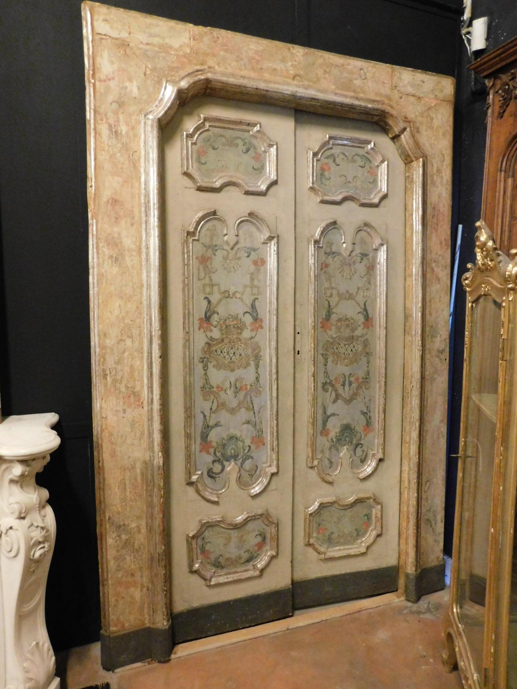 Italian 18th Century 2 Wooden Lacquered and Silvered Doors with Frame, Italy, Original