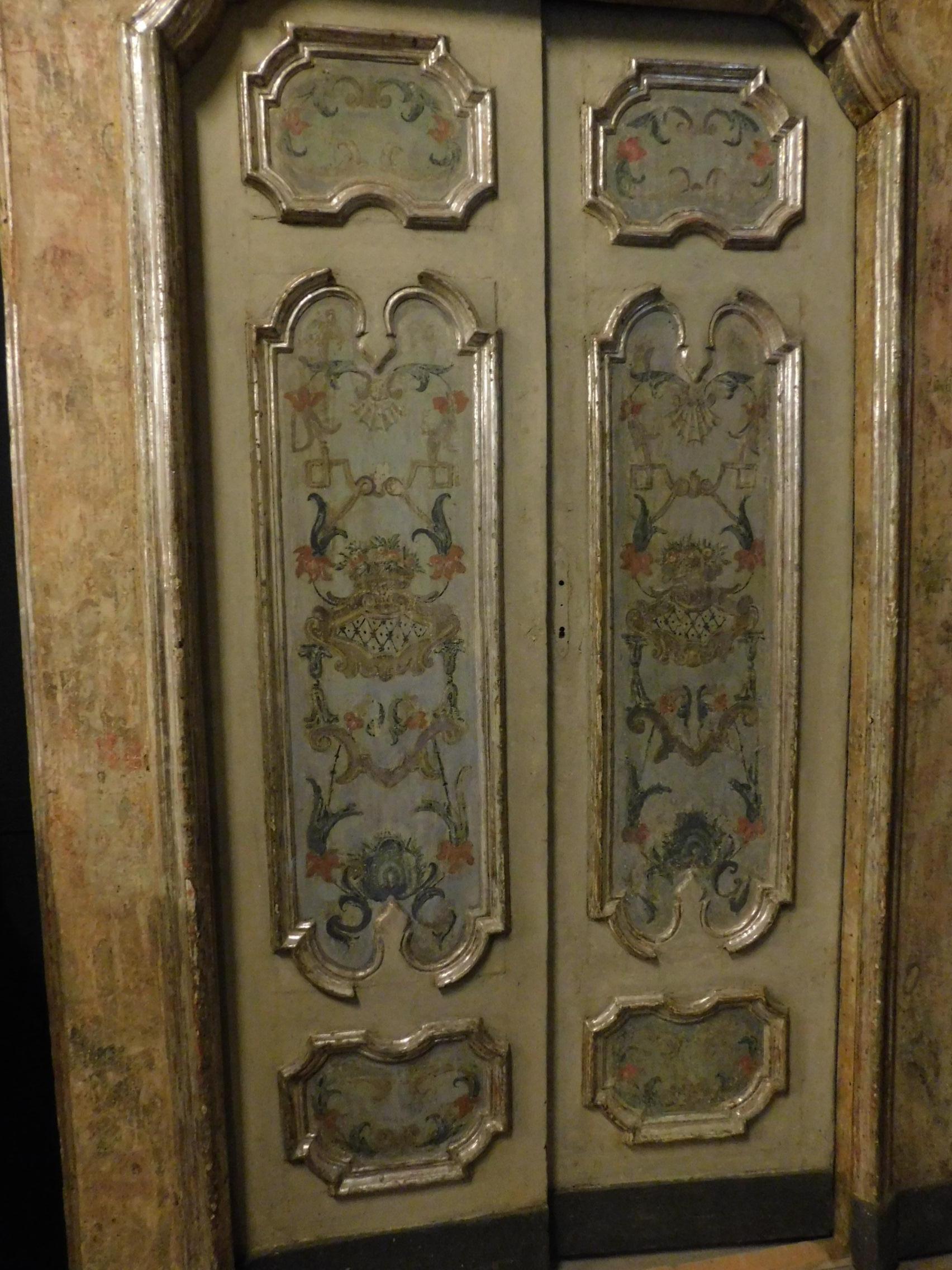 18th Century 2 Wooden Lacquered and Silvered Doors with Frame, Italy, Original 2