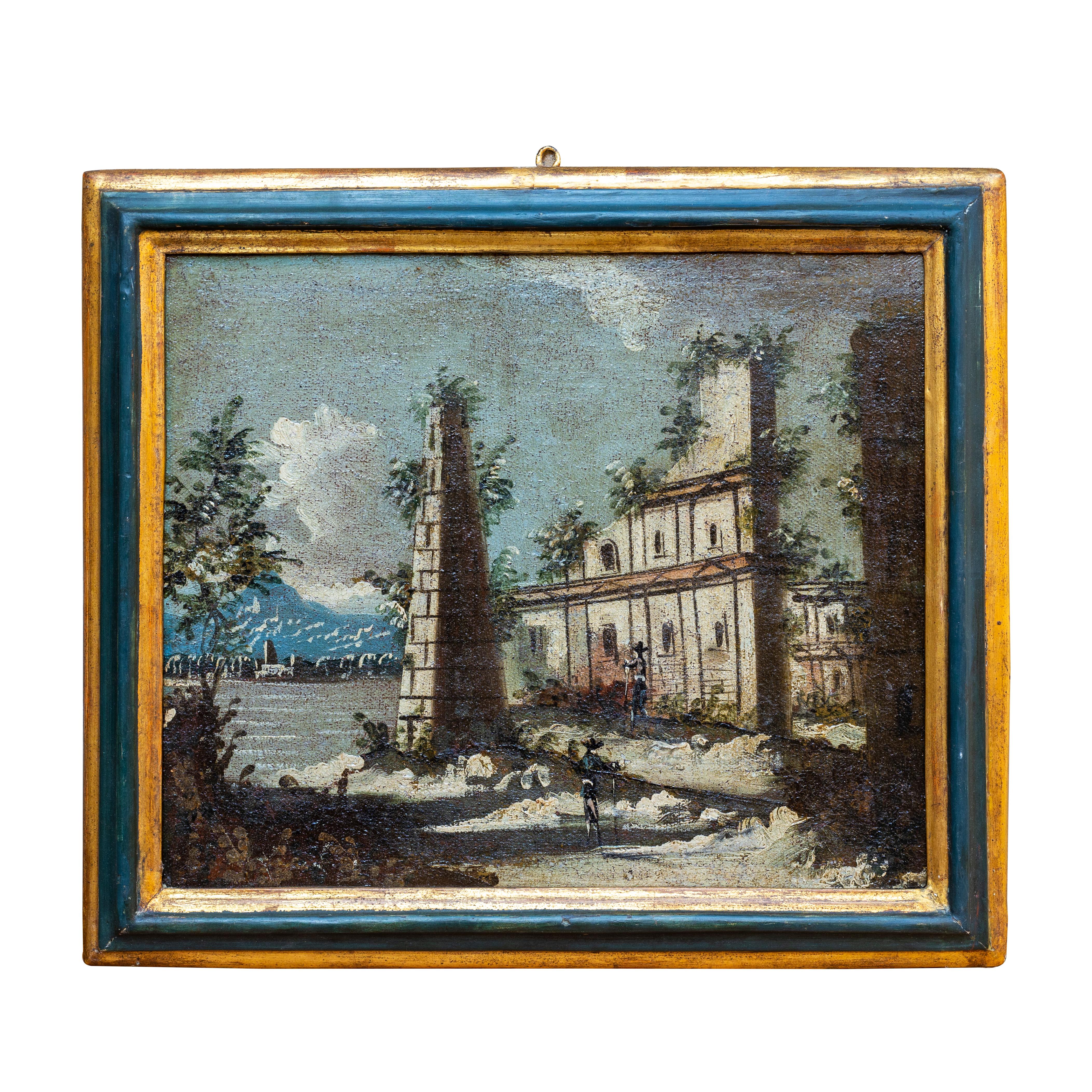 Three landscapes painted in oli on cavans attributed to Gaetano Vetturali Scool Lucca late 18th century Gaetano Vetturali 1701-1783 Was an Italian painter. In the period of the Gran tour painting small landscapes with architectures fontains and