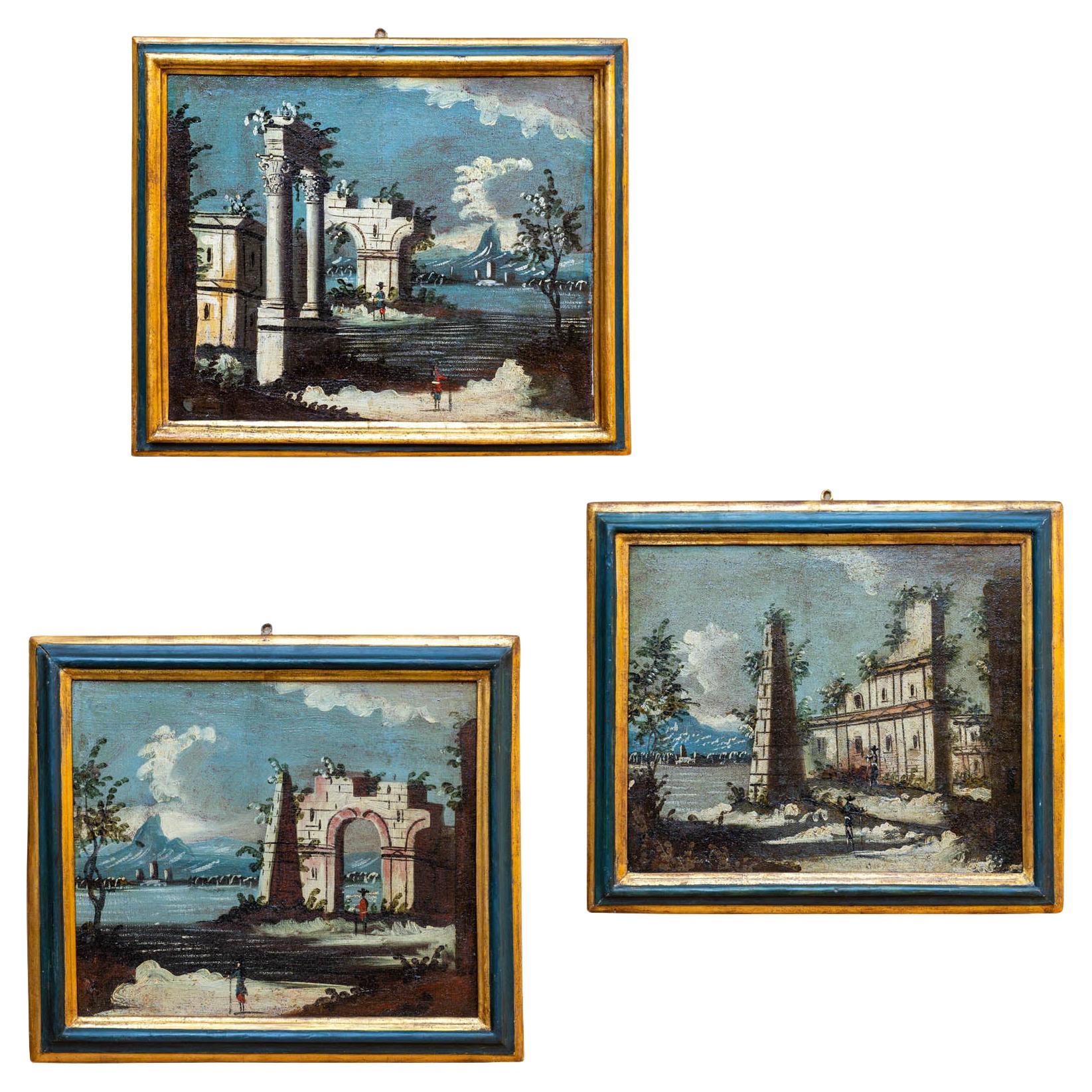 18th Century 3 Landscapes Painted Oil on Canvas Gaetano Vetturali Scool Lucca
