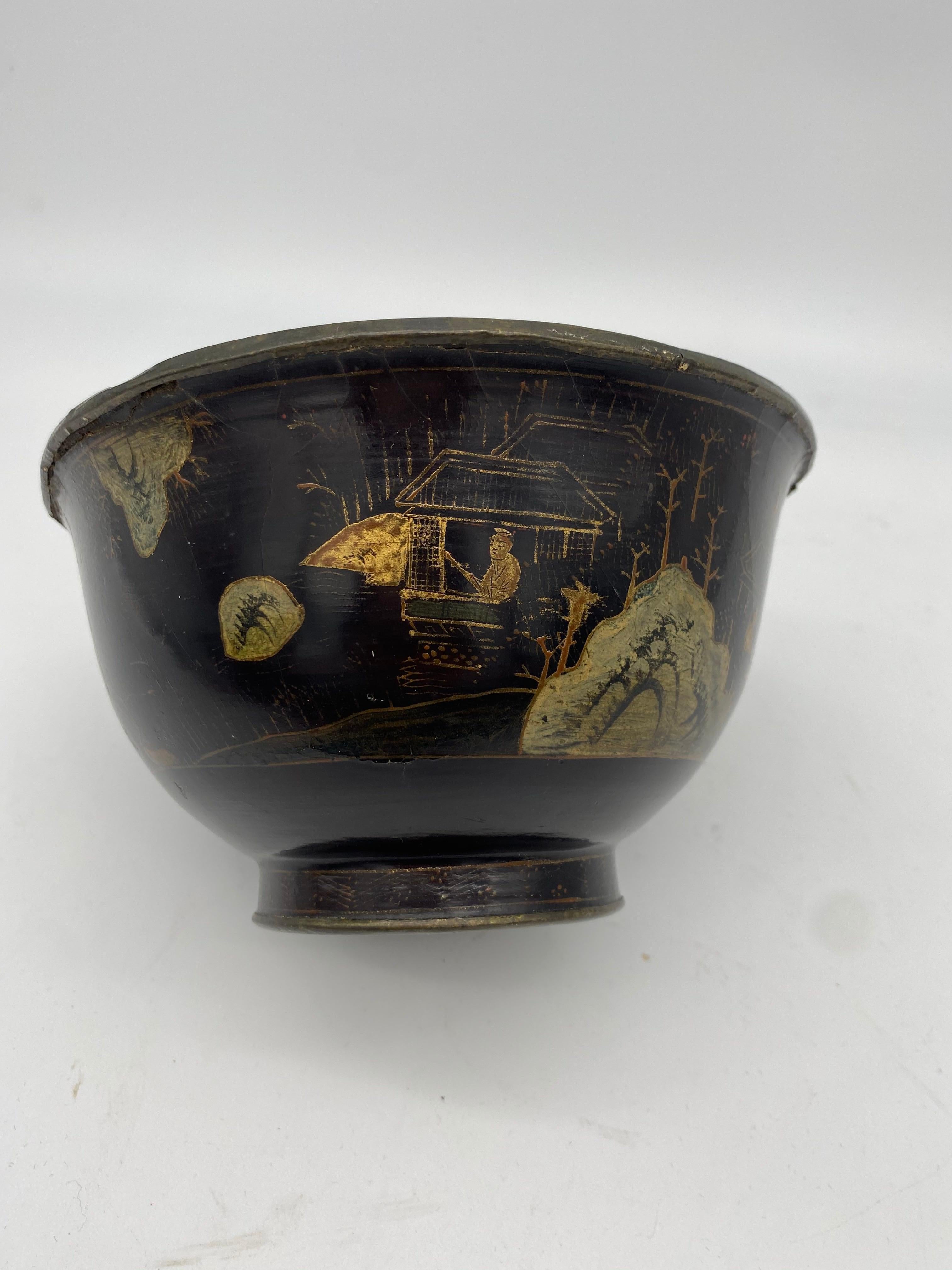 Lacquered 18th Century Chinese Lacquer Bowl with Pewter For Sale