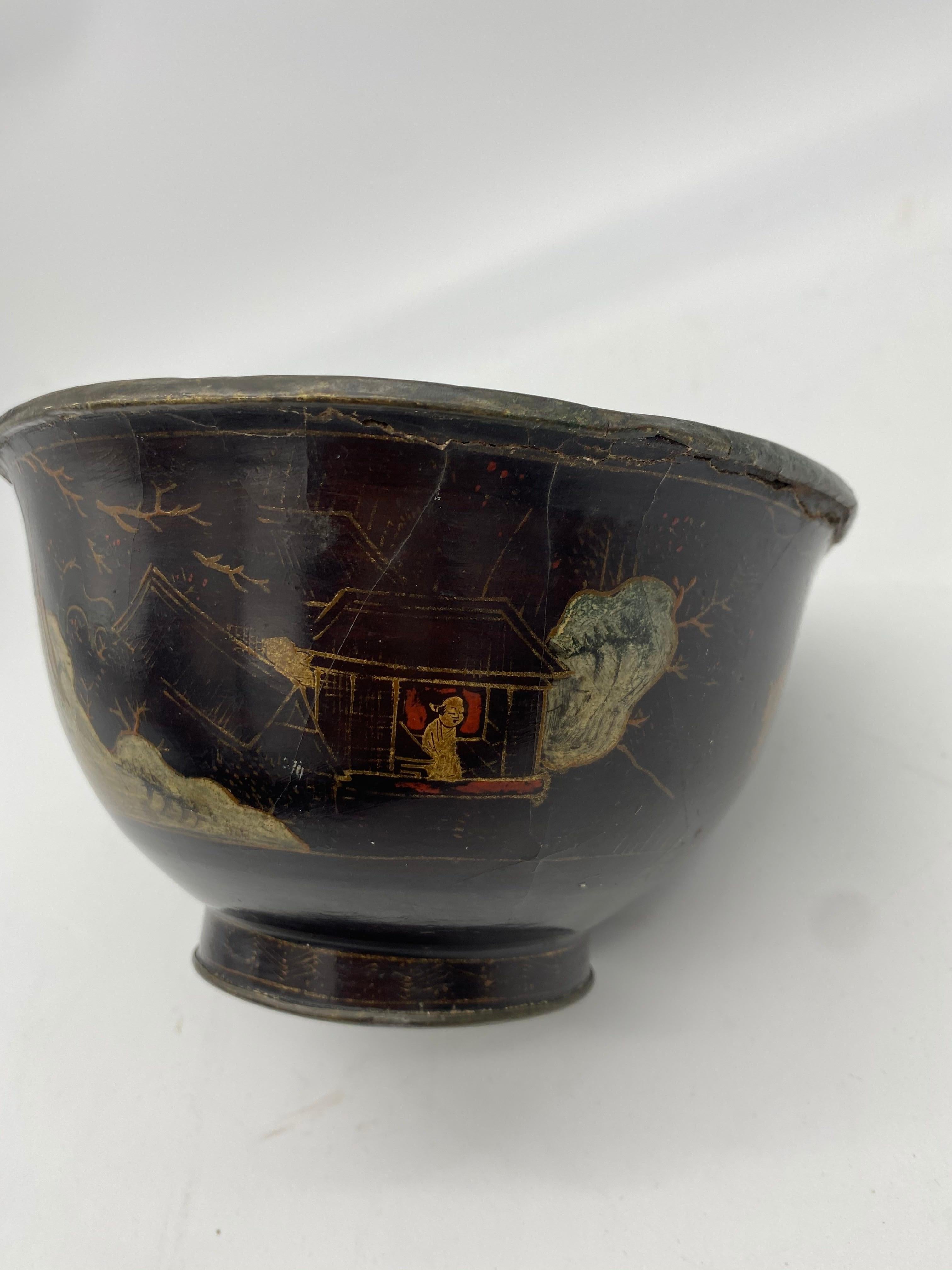 18th Century Chinese Lacquer Bowl with Pewter In Good Condition For Sale In Brea, CA