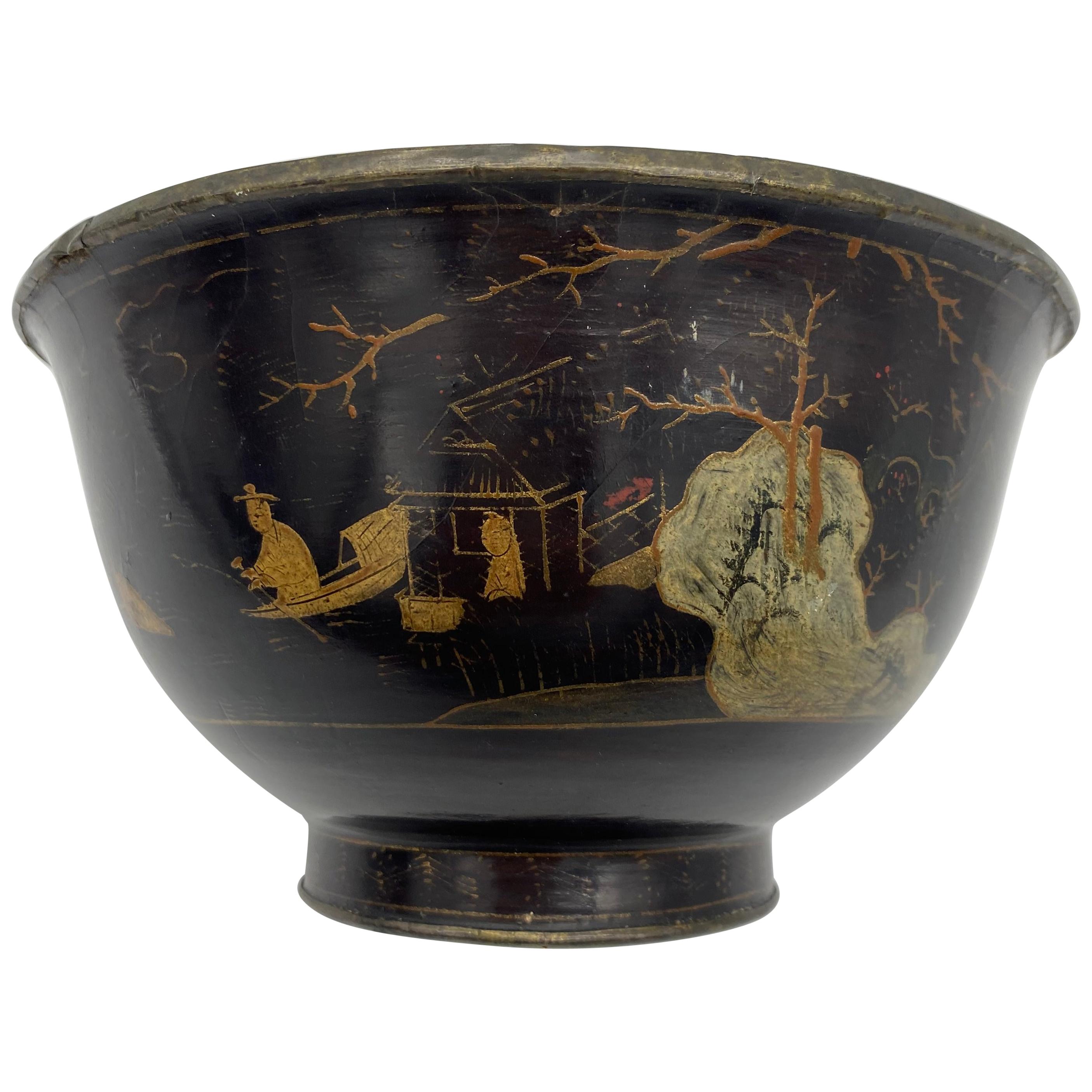 18th Century Chinese Lacquer Bowl with Pewter