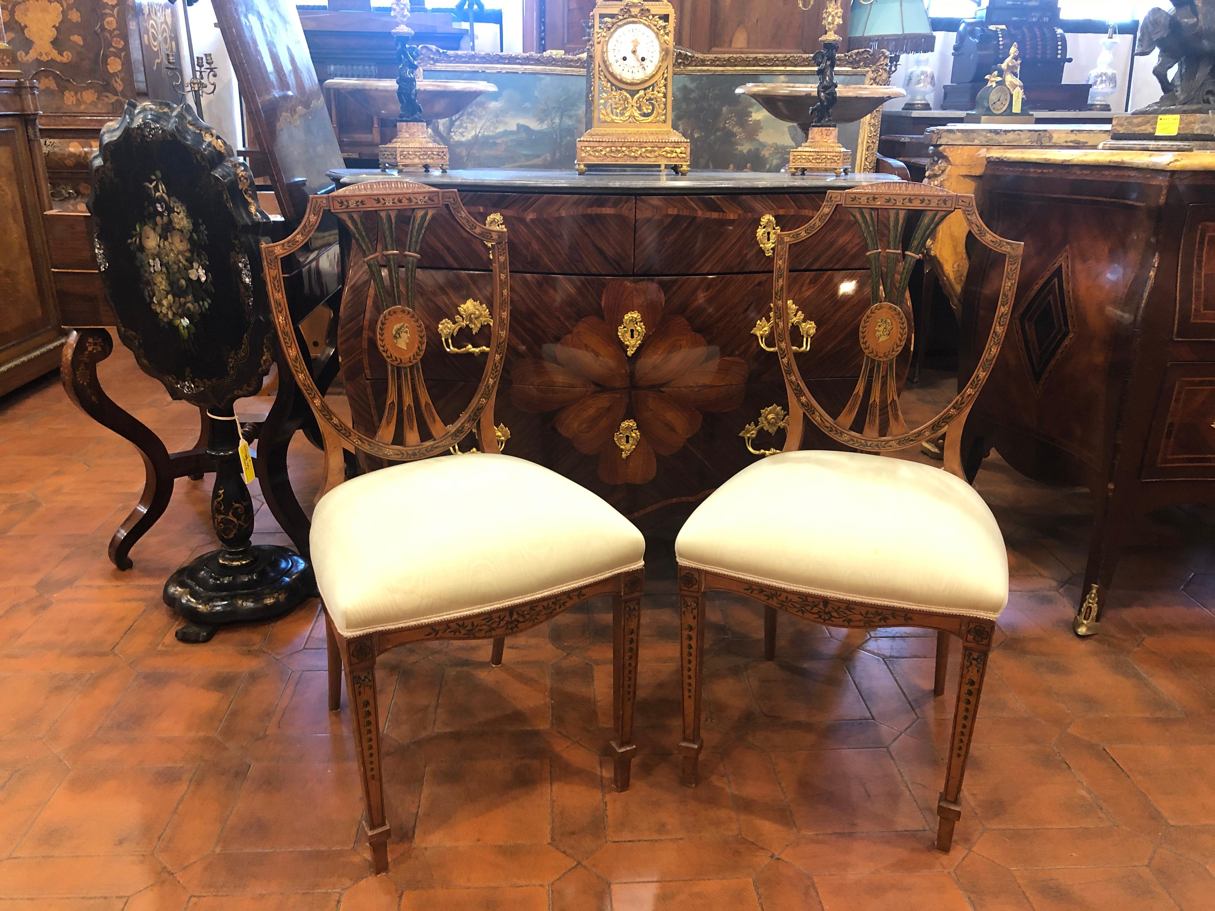 18th Century Adam Style England Satinwood Painting Pair of Chairs, 1770s 8