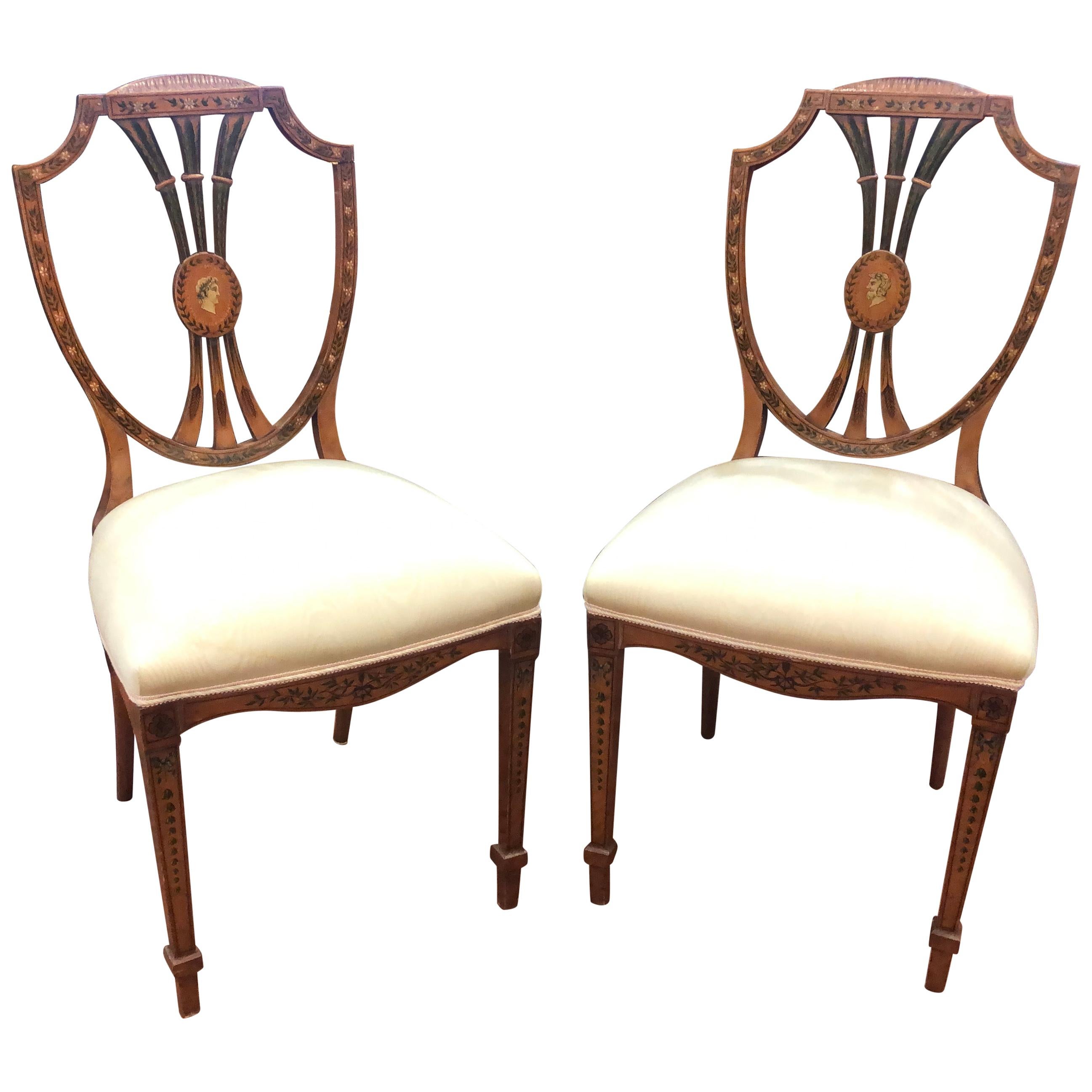 18th Century Adam Style England Satinwood Painting Pair of Chairs, 1770s