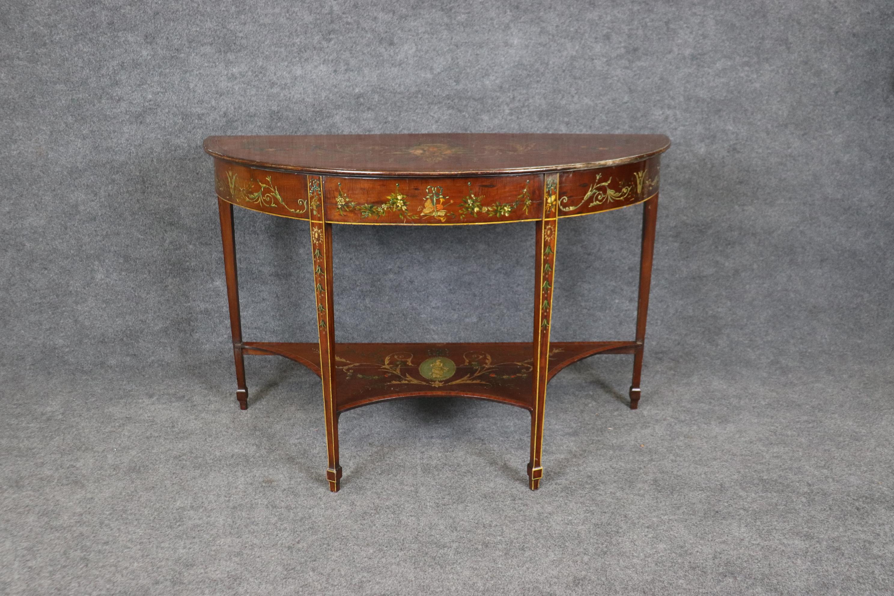 Late 18th Century 18th Century Adams Painted Decorated Demilune Two Tier Console Table For Sale