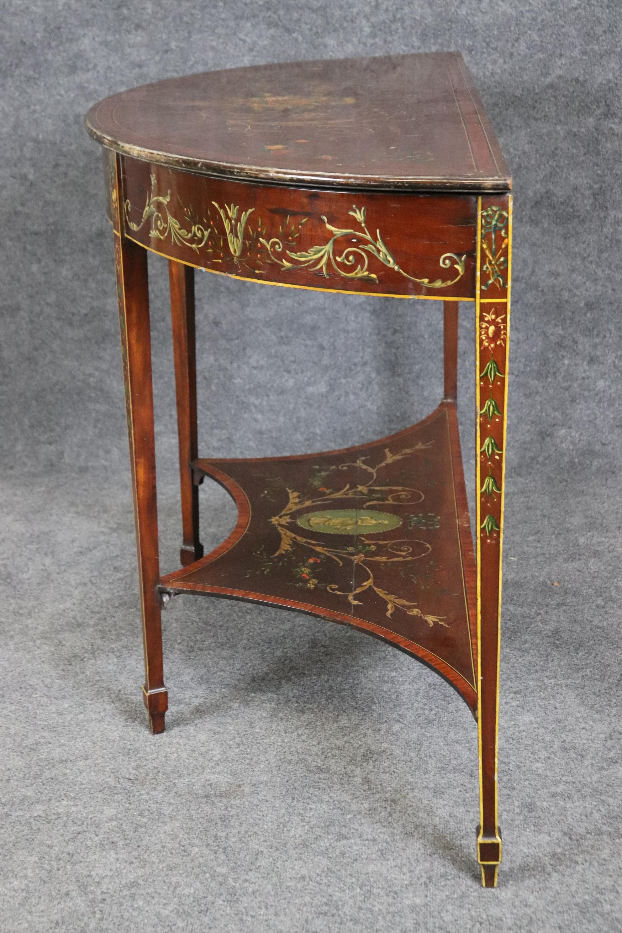Walnut 18th Century Adams Painted Decorated Demilune Two Tier Console Table For Sale