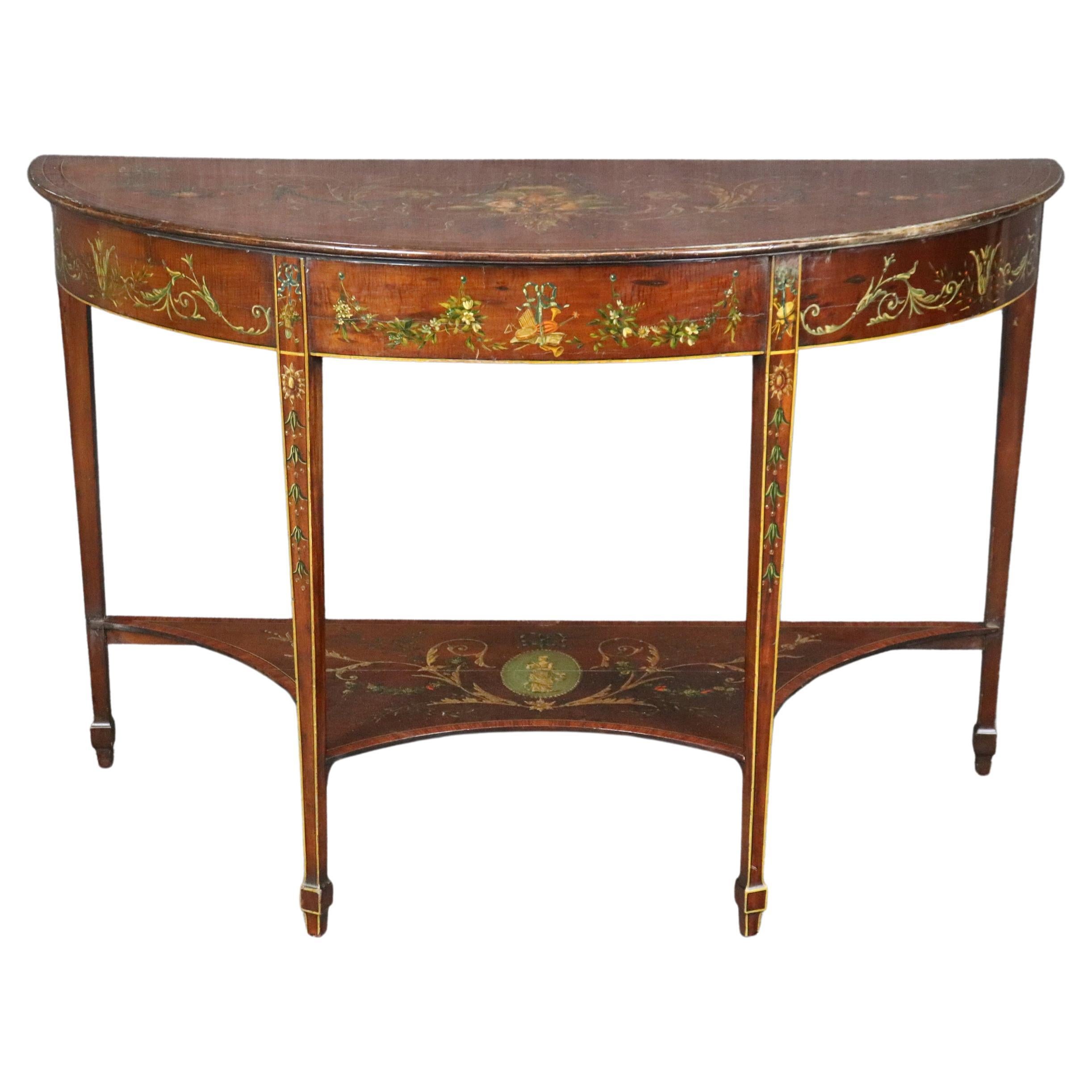 18th Century Adams Painted Decorated Demilune Two Tier Console Table