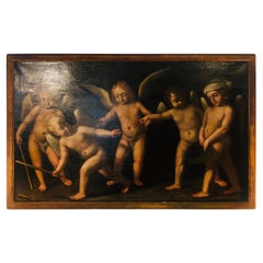 18th Century Alegorial Framed Oil on Canvas Playing Cherubs
