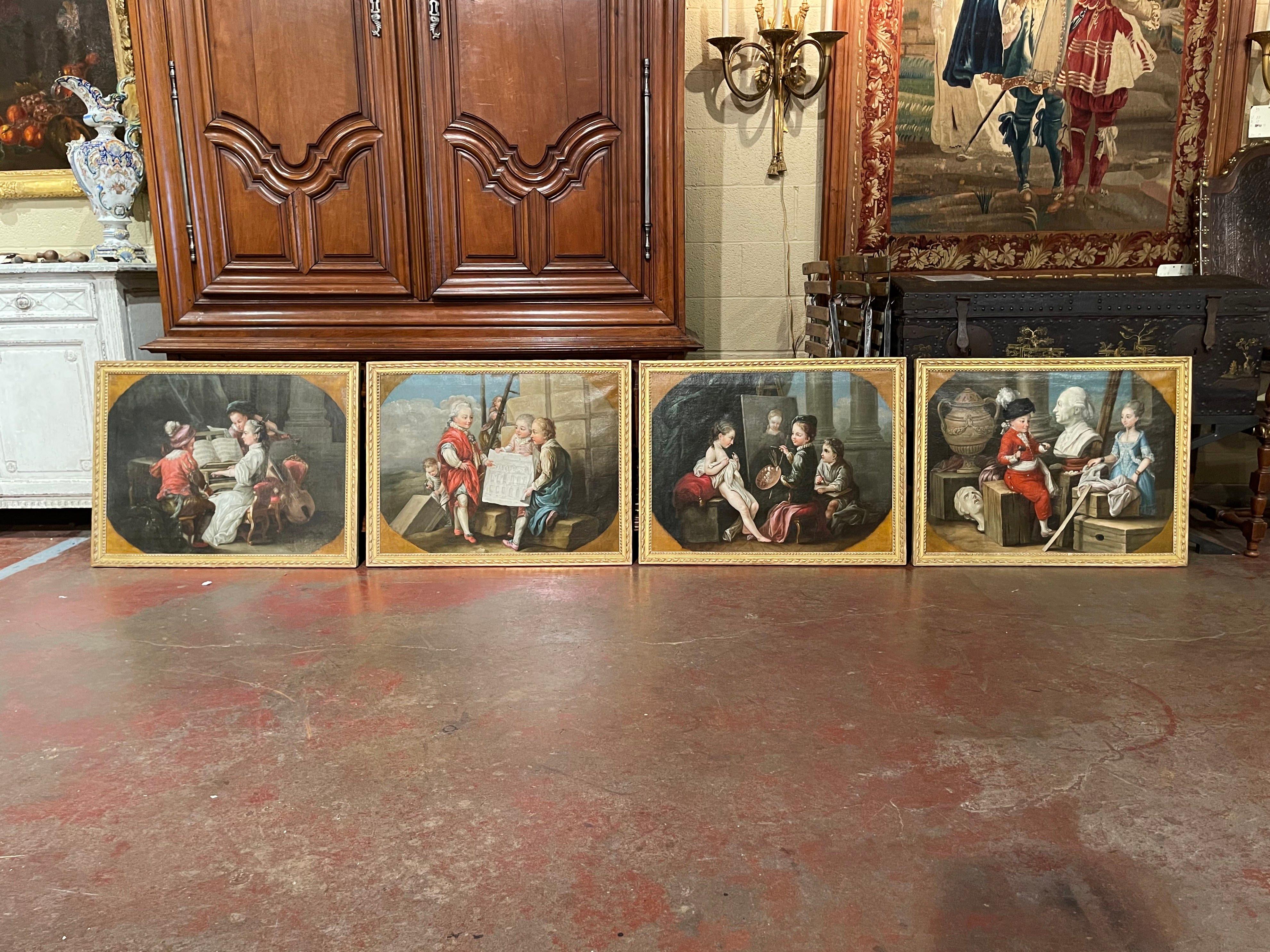 Bring the charm of the French high Society into your home with this beautiful suite of antique paintings. Crafted in France, circa 1760, each oil on canvas composition depicts child-like figures practicing the fine arts of painting, music, sculpture