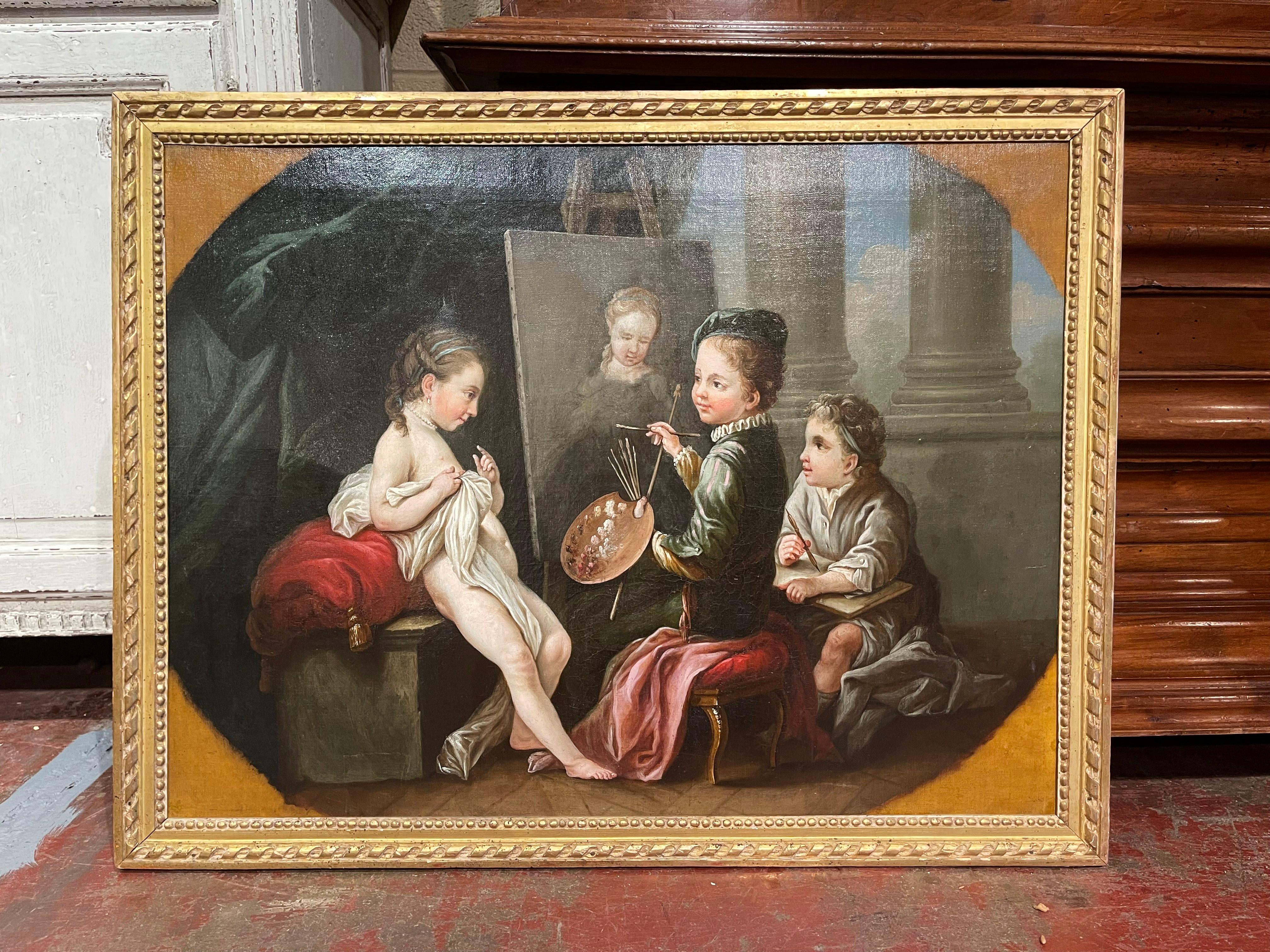 Carved 18th Century Allegorical Paintings in Gilt Frame after C. Van Loo, Set of Four For Sale