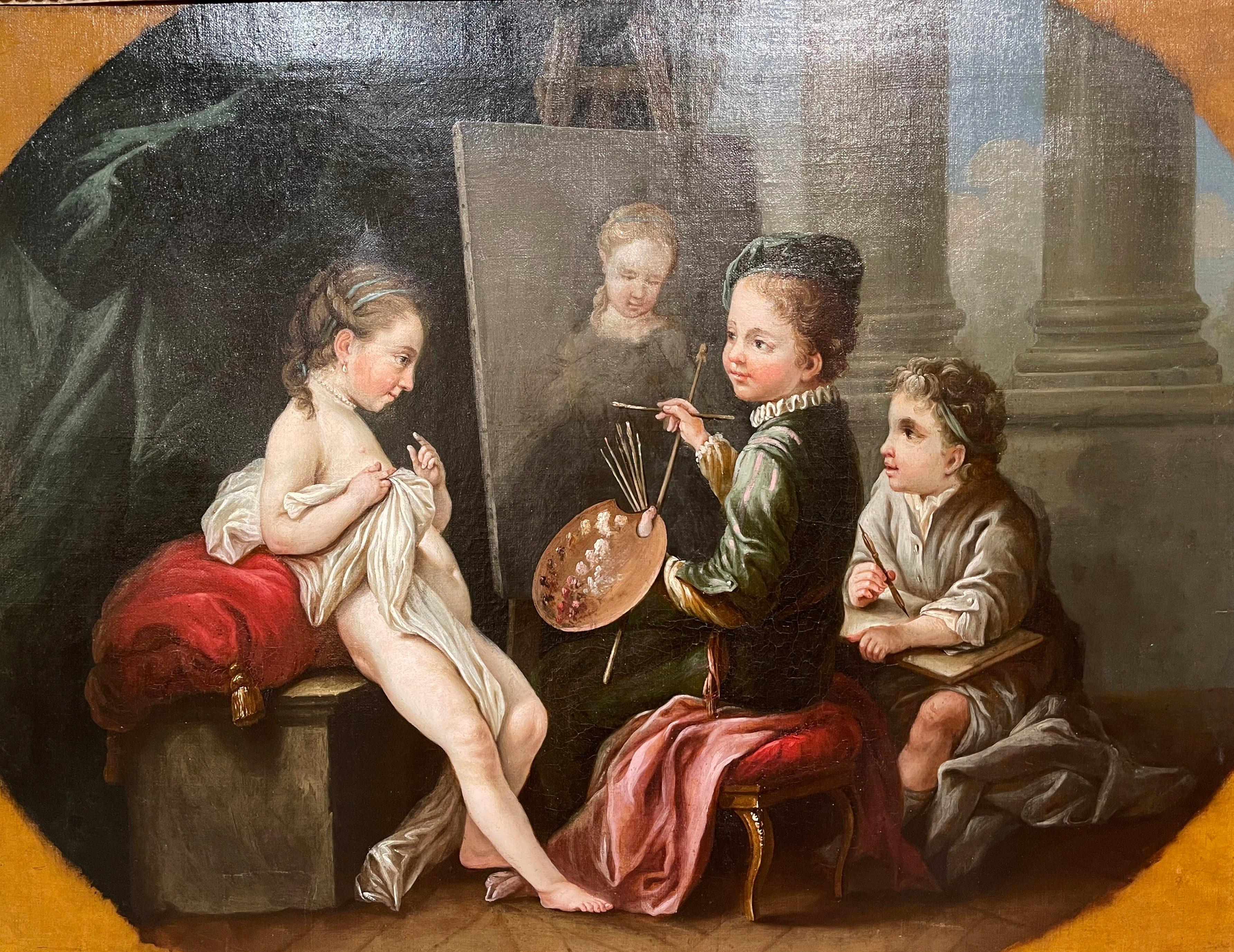 18th Century Allegorical Paintings in Gilt Frame after C. Van Loo, Set of Four In Excellent Condition For Sale In Dallas, TX