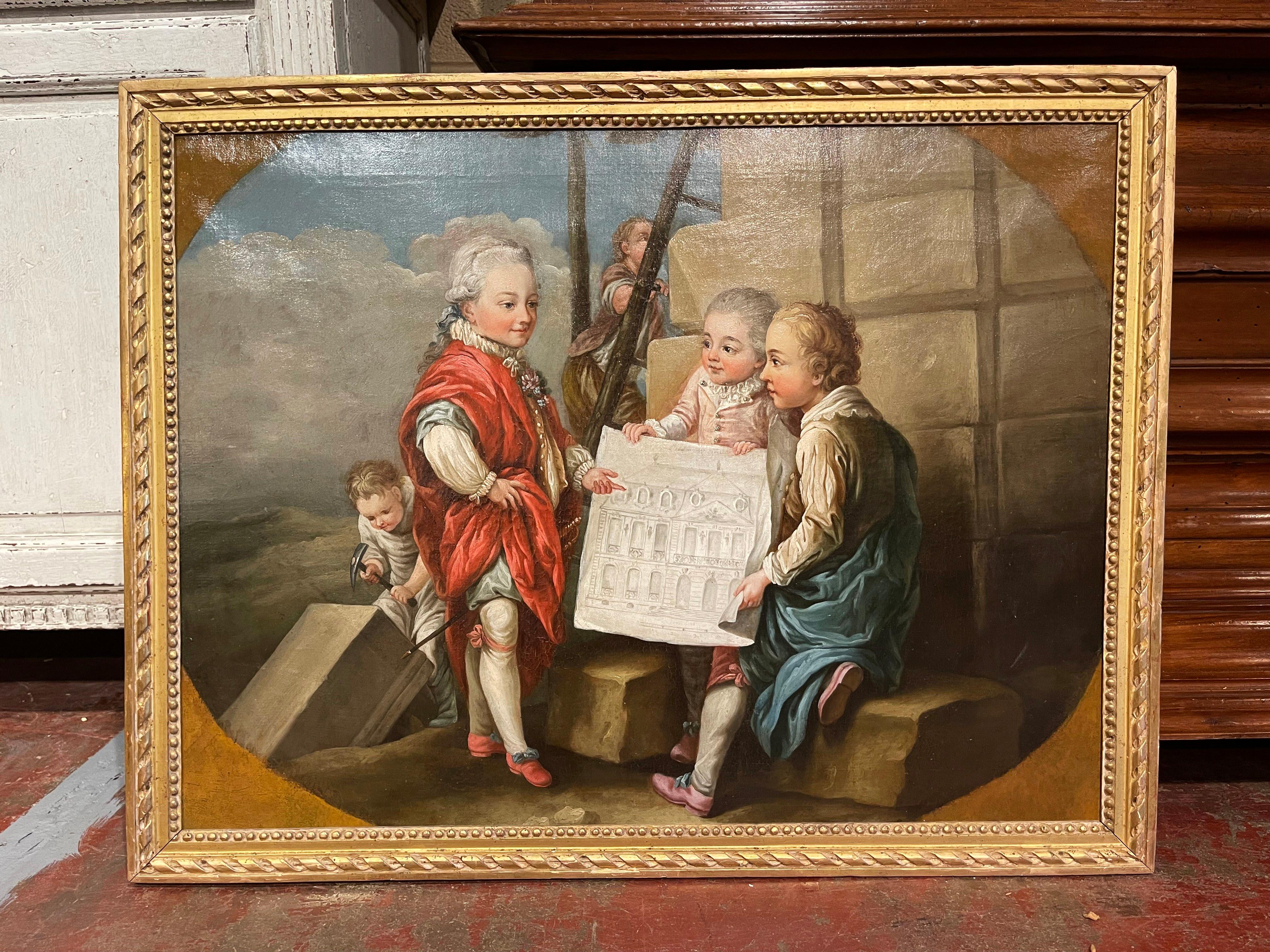 Canvas 18th Century Allegorical Paintings in Gilt Frame after C. Van Loo, Set of Four For Sale