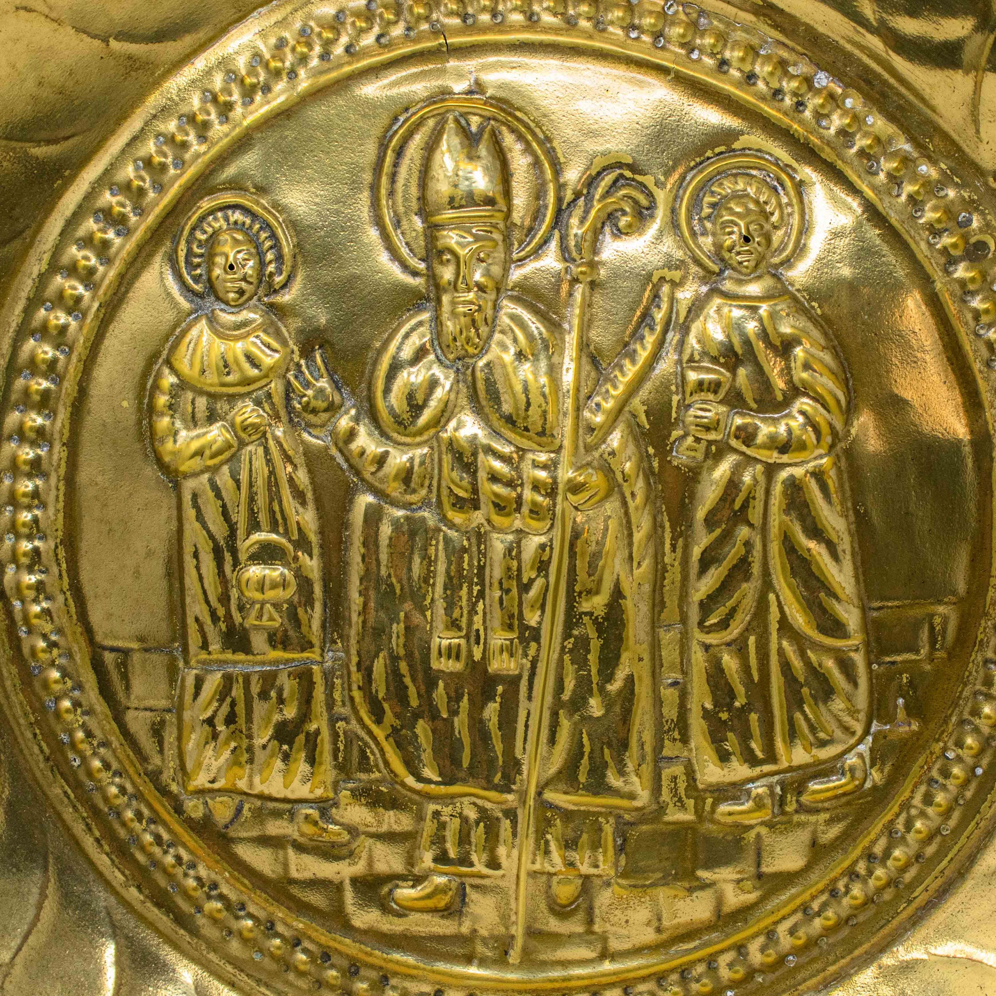 Italian 18th Century Almsgiver Plate with Saint Brass For Sale