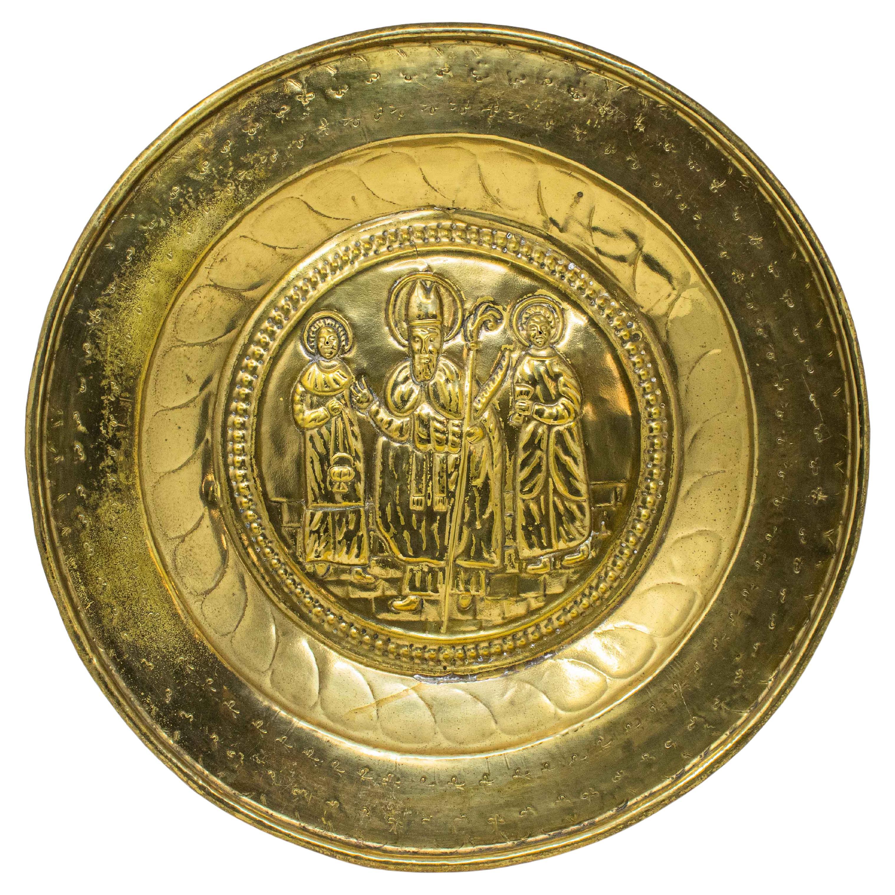 18th Century Almsgiver Plate with Saint Brass For Sale