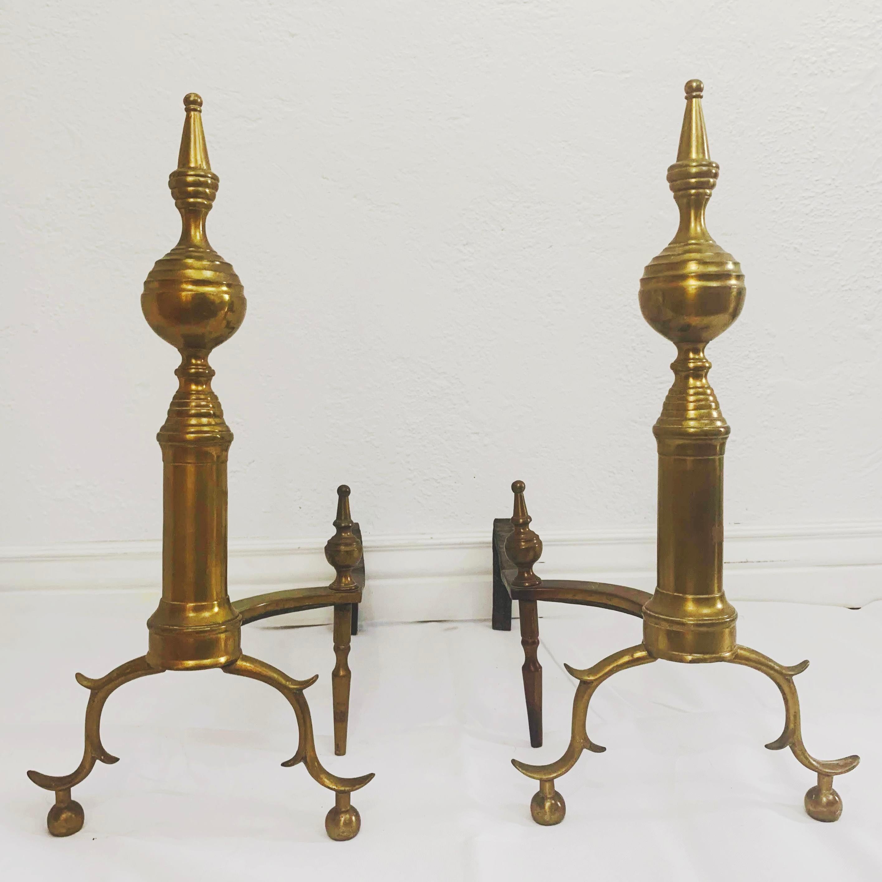 18th Century American Brass Steeple Top Andirons - a Pair 7