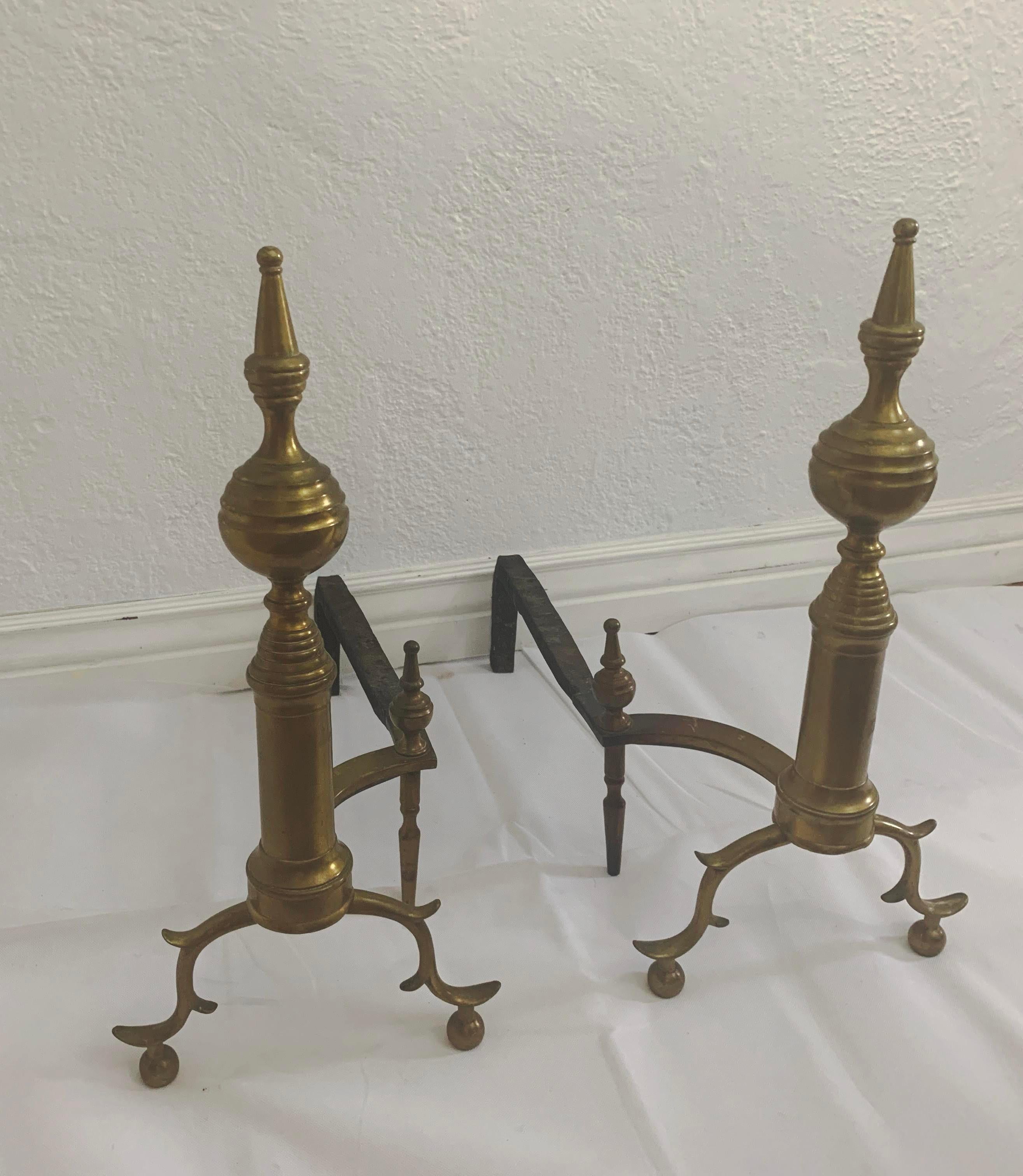 American Classical 18th Century American Brass Steeple Top Andirons - a Pair