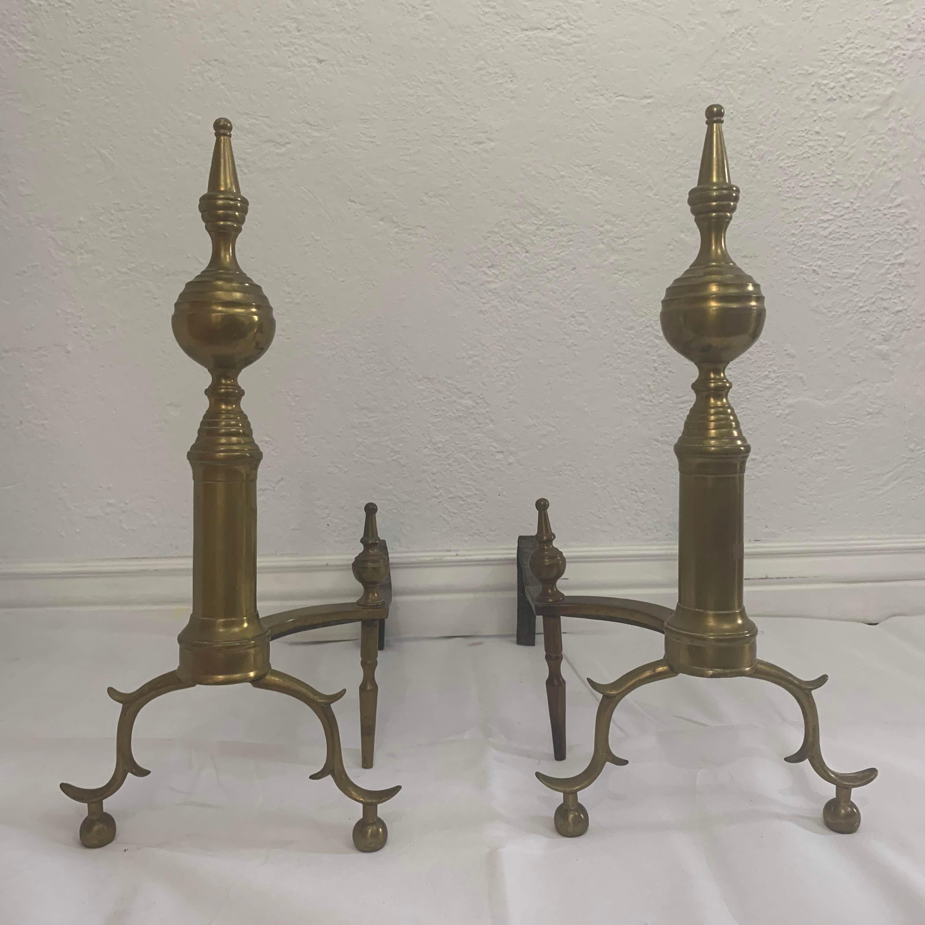 Hand-Crafted 18th Century American Brass Steeple Top Andirons - a Pair