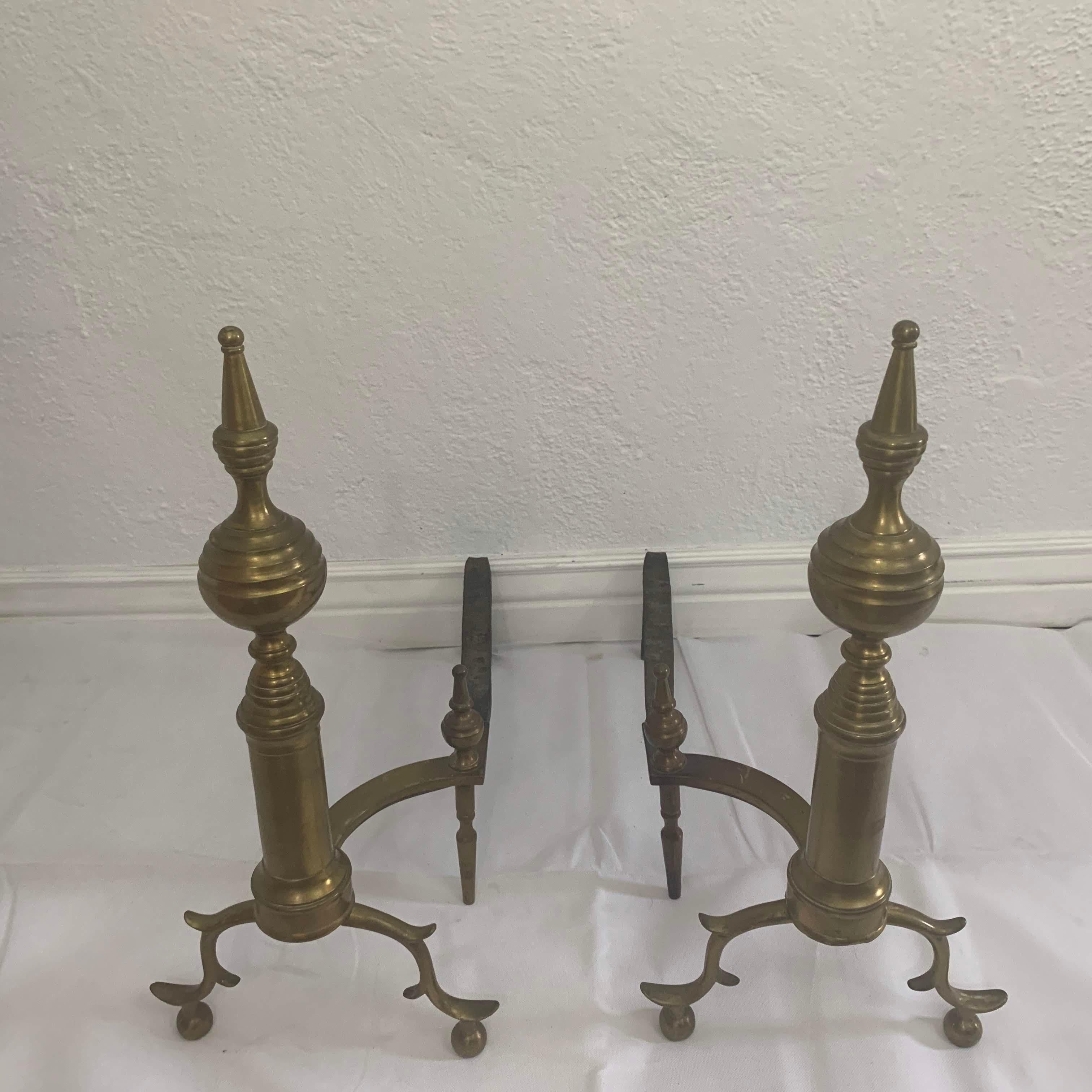 18th Century American Brass Steeple Top Andirons - a Pair In Good Condition In Sheridan, CO