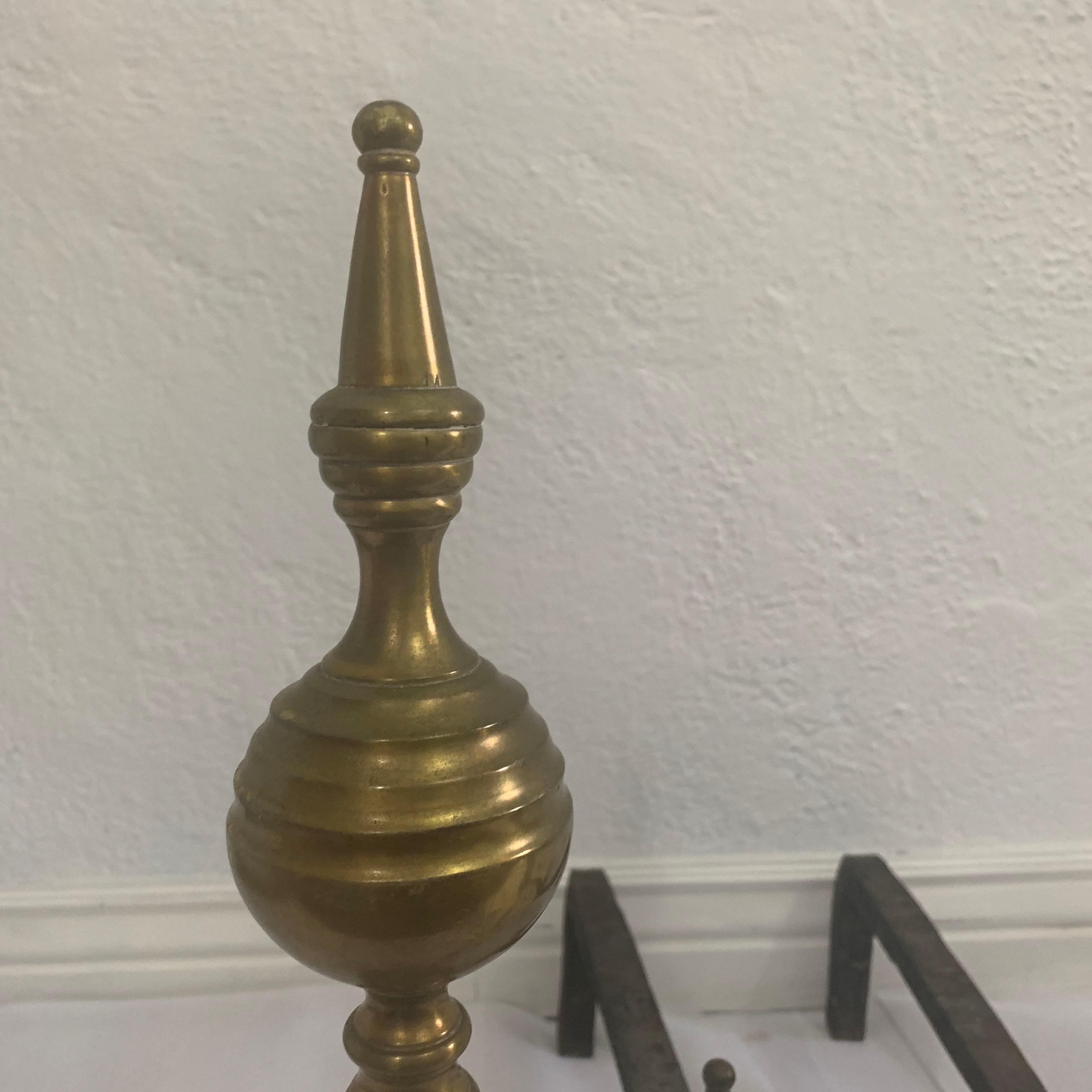 18th Century American Brass Steeple Top Andirons - a Pair 3
