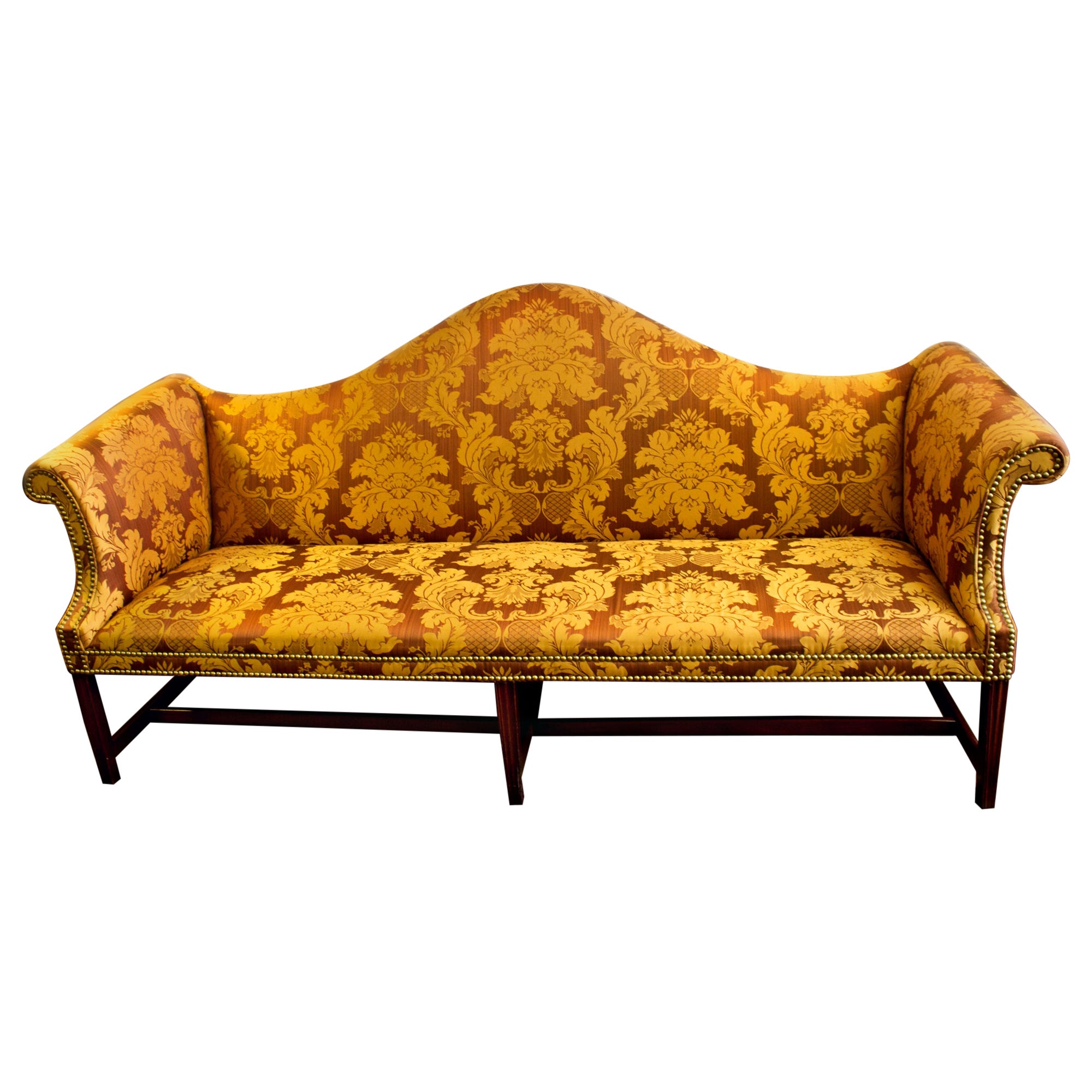 18th Century American Chippendale Camelback Sofa w/ Scalamandre Silk Damask For Sale