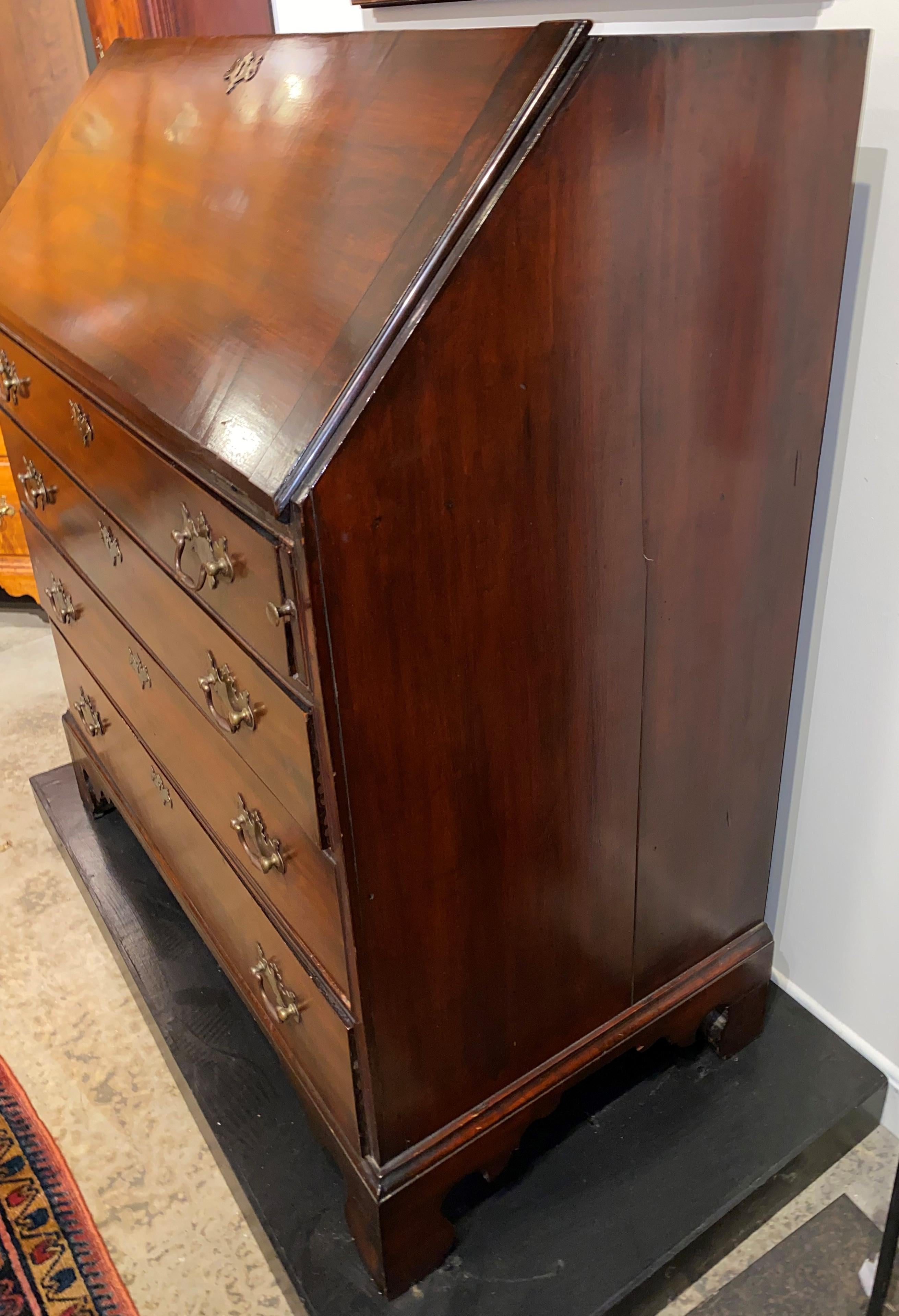 Brass 18th Century American Chippendale Maple Slant Front Desk