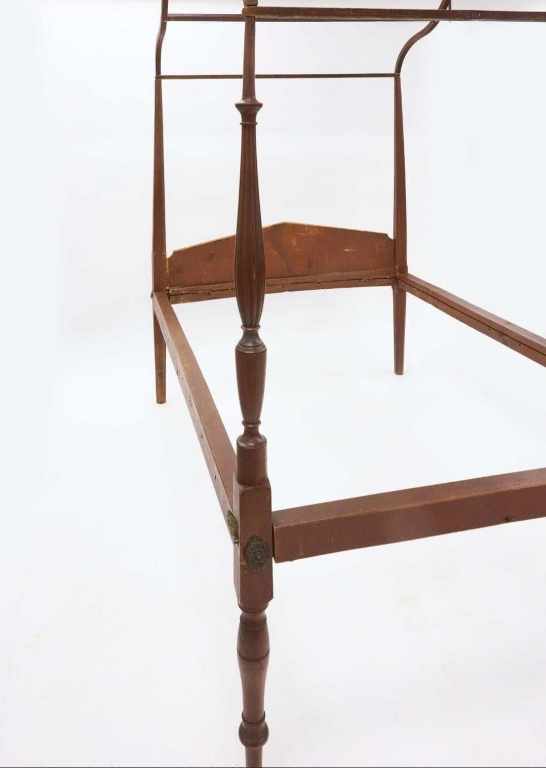 Beautiful American 18th century four poster bed retaining original red finish. Likely from Salem Massachusetts, this early Survivor is in excellent condition. Ready to be slept in to create your dreams. People often ask about custom mattresses. Here