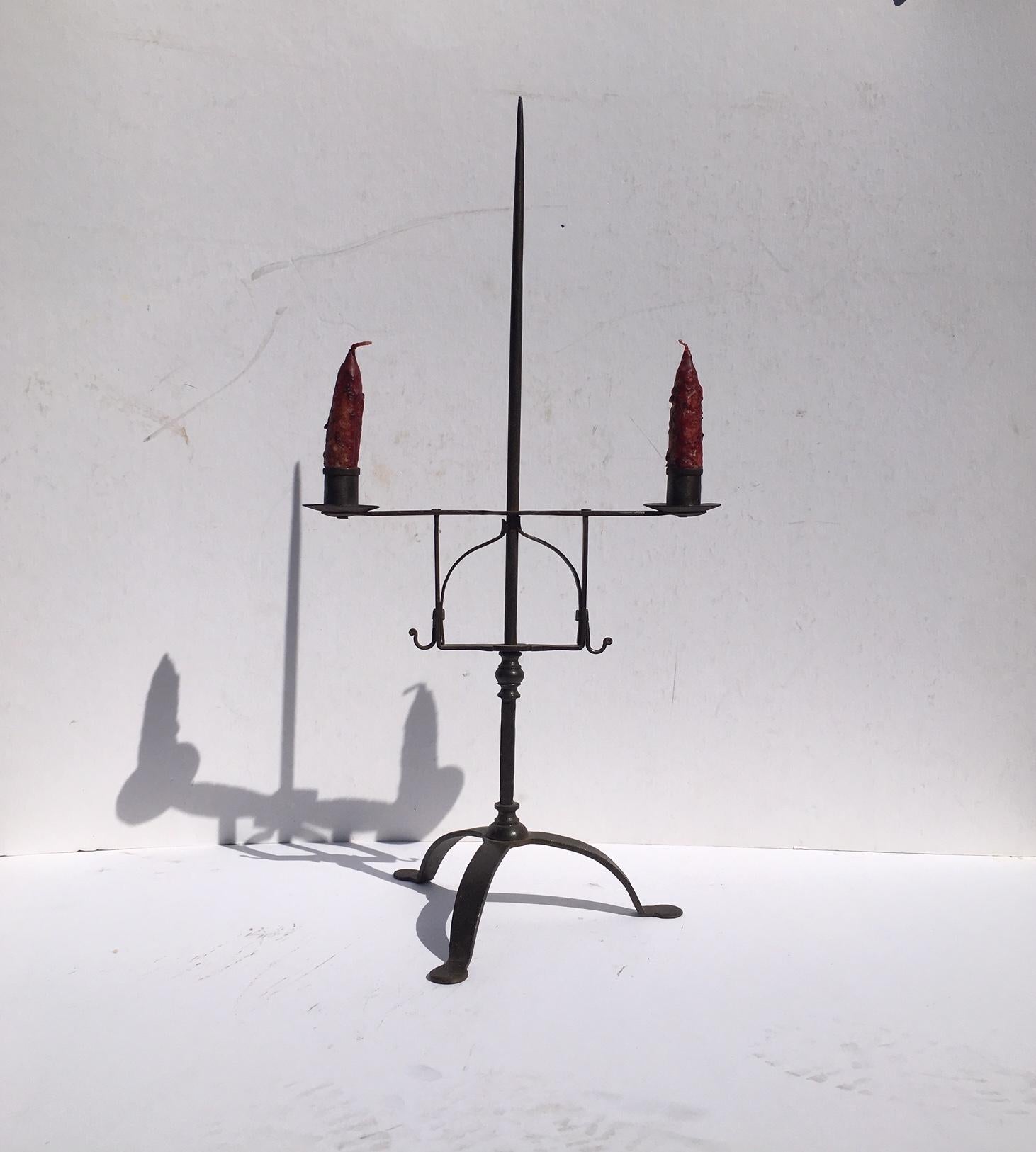 18th Century American Hand Forged Wrought Iron Two-Candle Candelabra 4