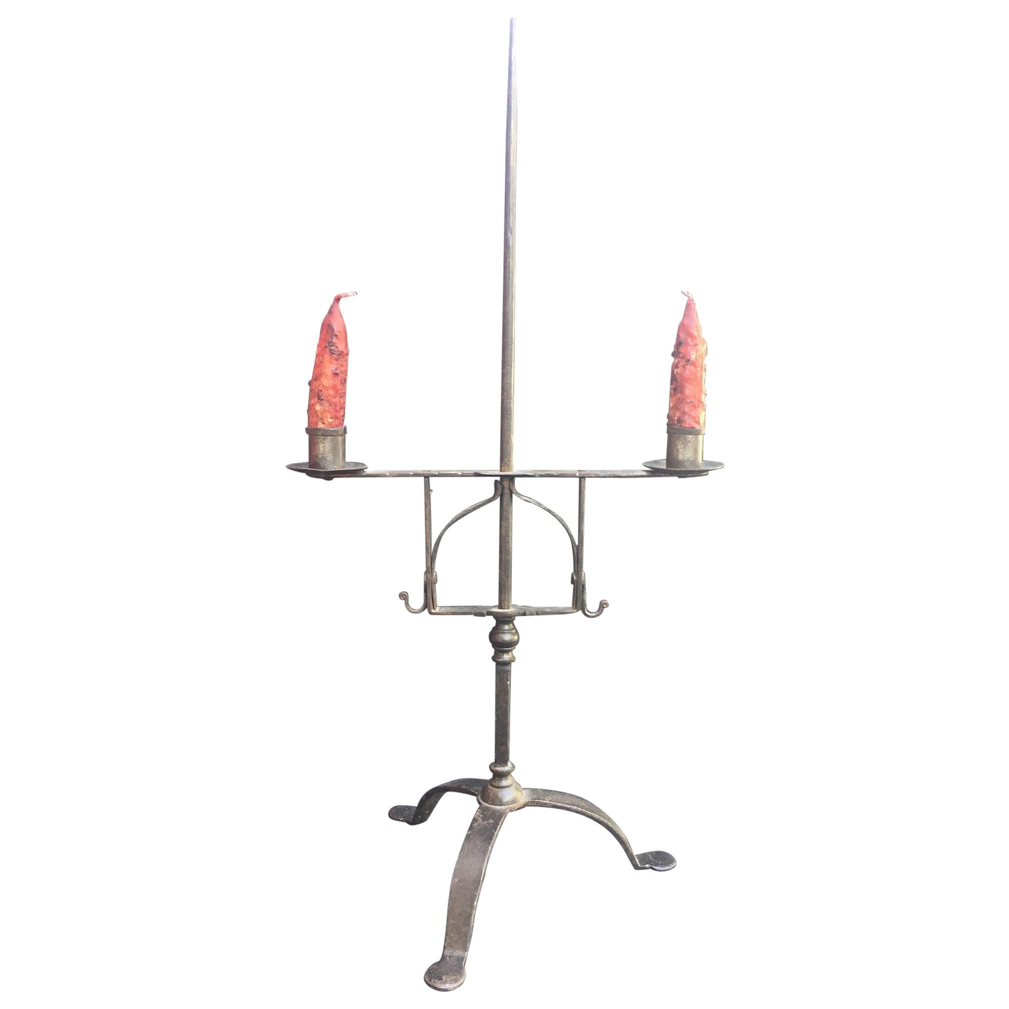 18th Century American Hand Forged Wrought Iron Two-Candle Candelabra