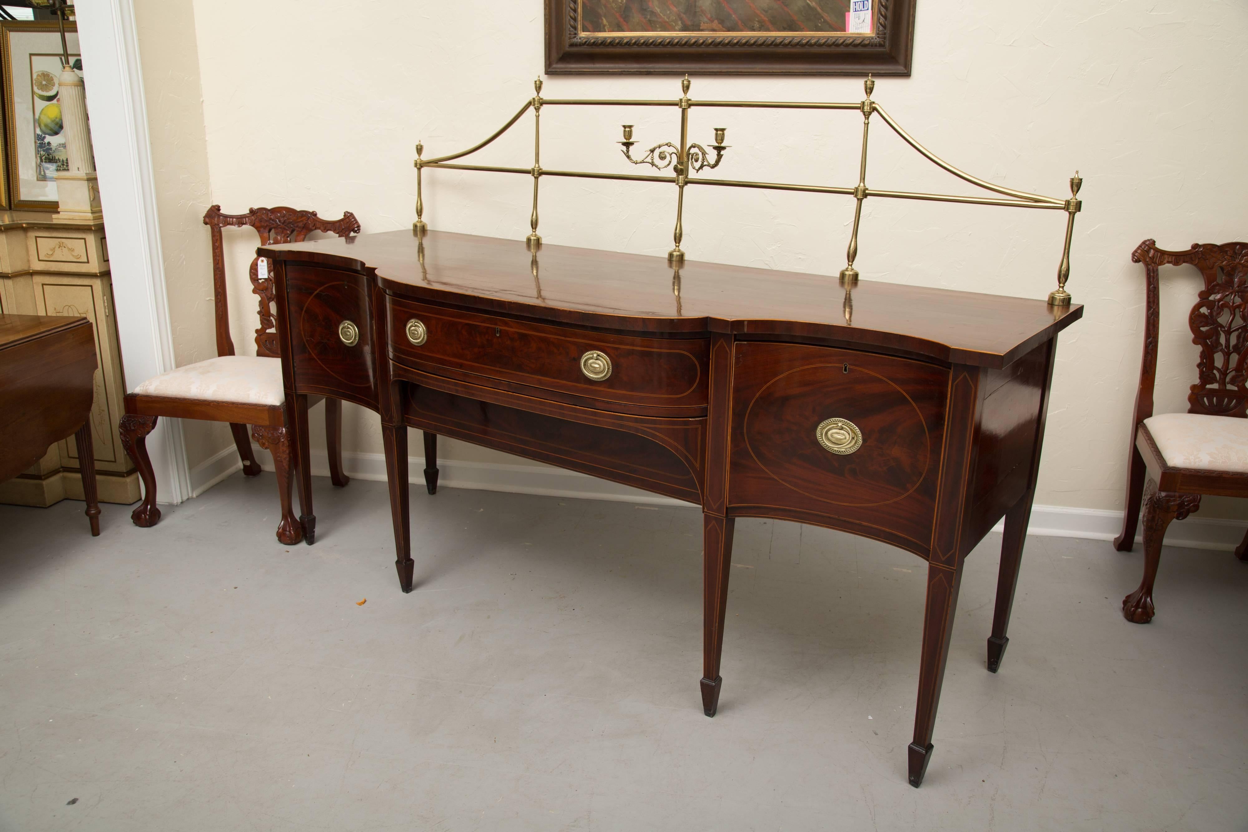 Hand-Carved 18th Century American Hepplewhite Mahogany Sideboard with Brass Gallery