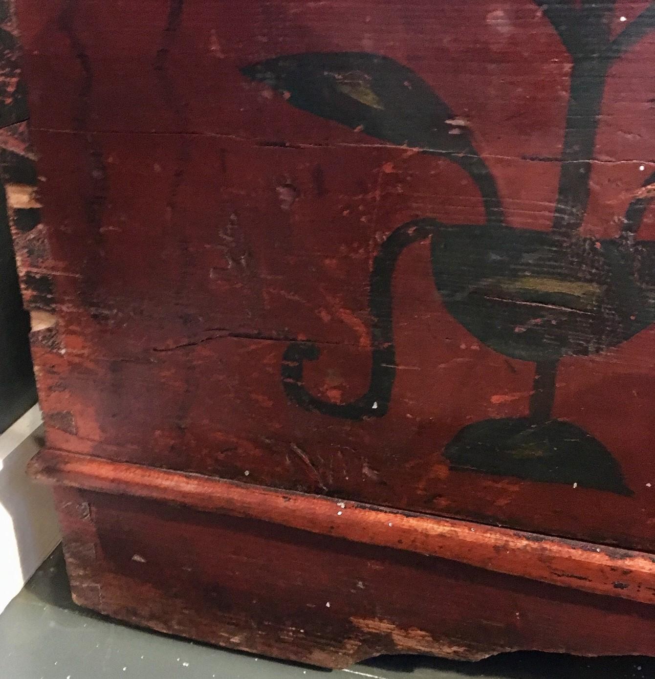 Hand-Painted 18th Century American Pine Decorated Blanket Chest For Sale