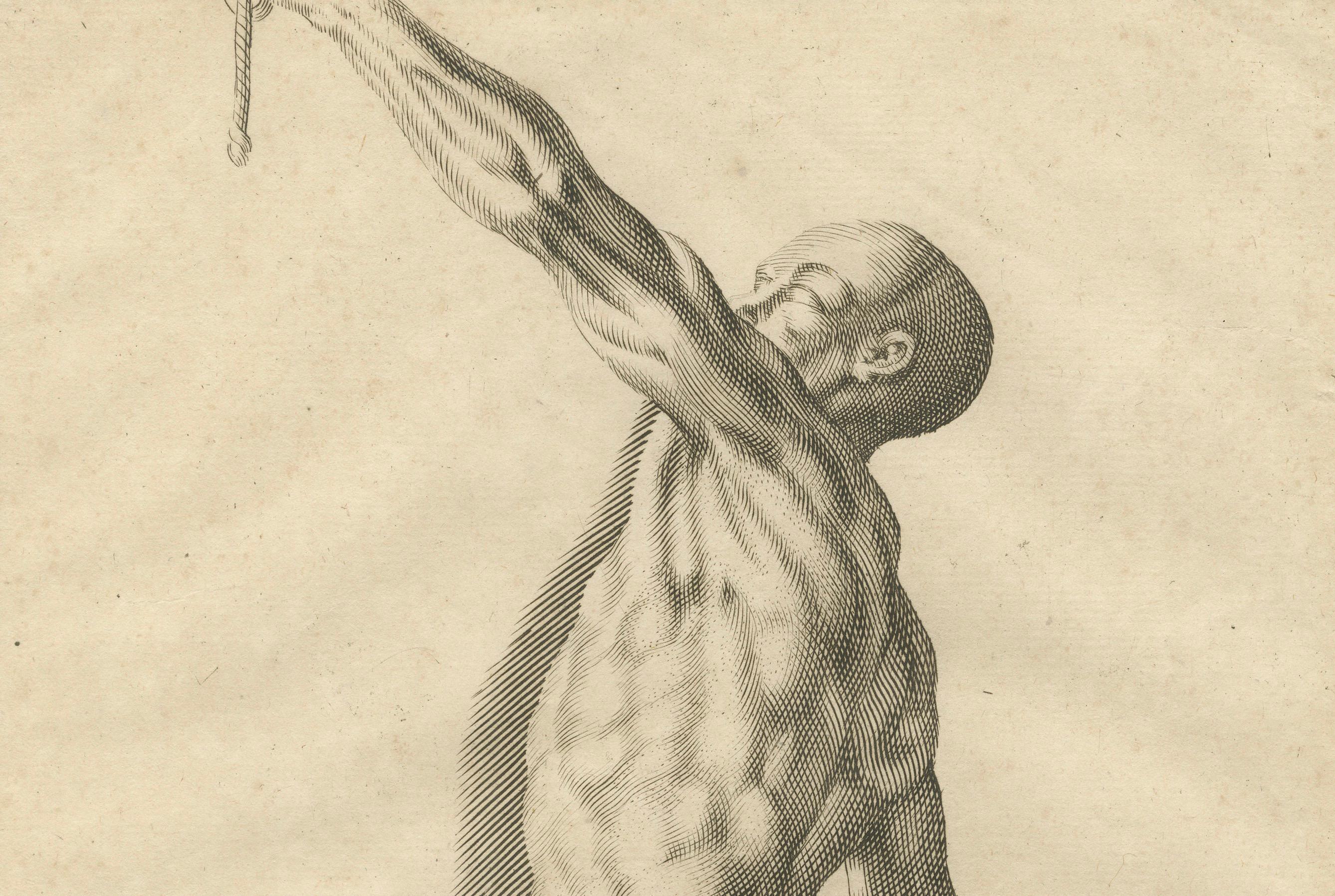 18th Century Anatomical Male Figure Reaching Upward German Engraving, ca.1745