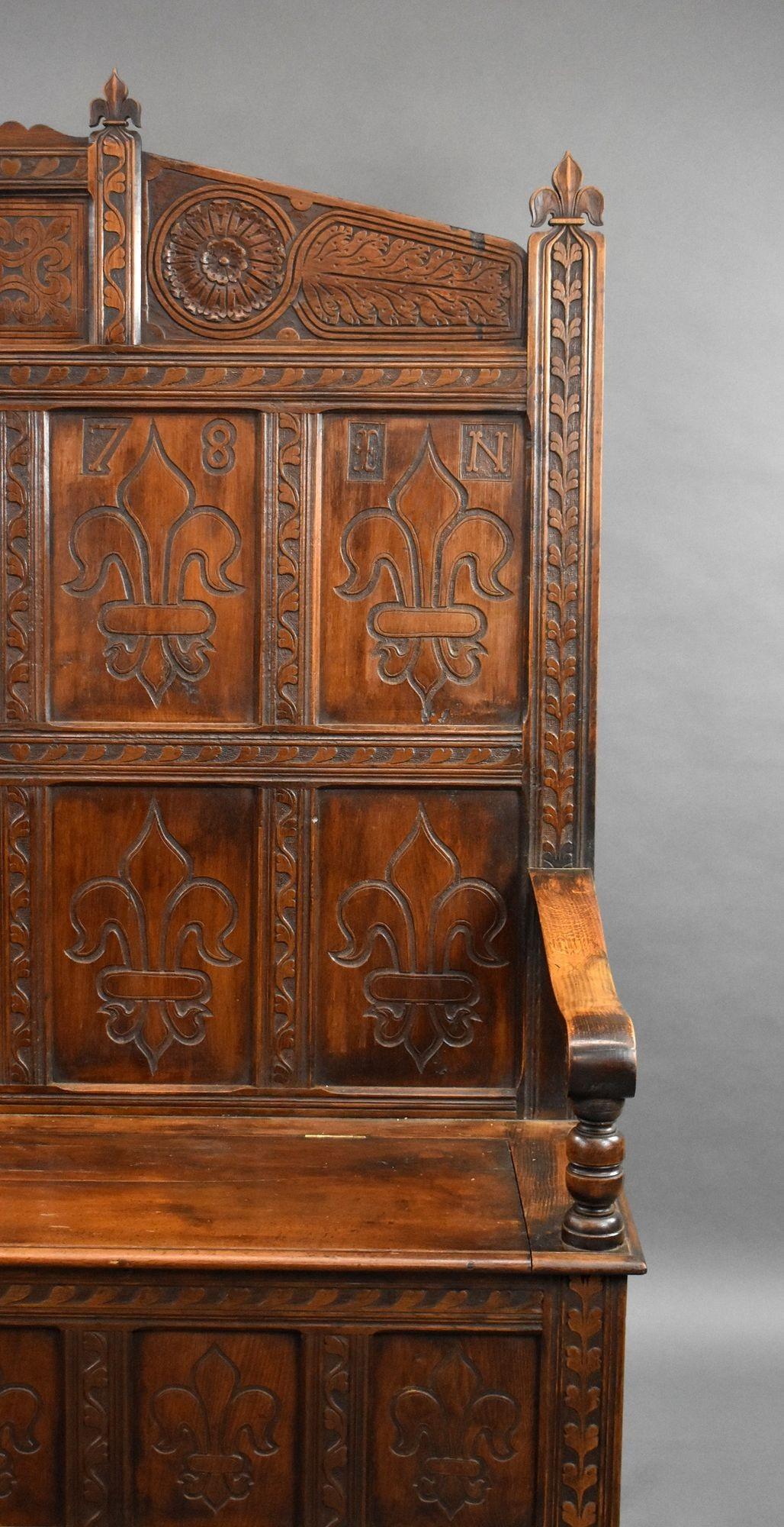 18th Century and later Carved Oak high back settle/bench 1