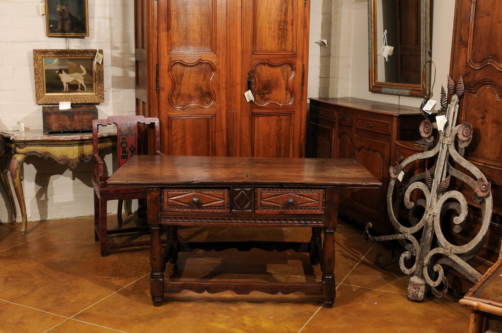 18th Century and Later Spanish Walnut Center Table W/ 2 Drawers & Box Stretcher For Sale 6