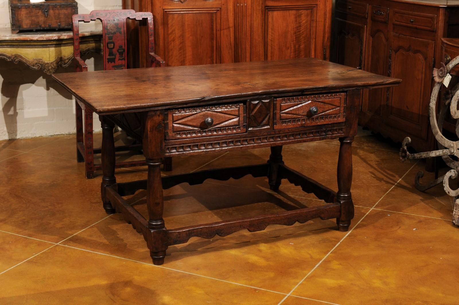 18th Century and Later Spanish Walnut Center Table W/ 2 Drawers & Box Stretcher For Sale 7