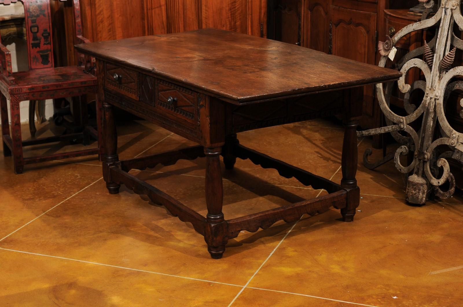 18th Century and Later Spanish Walnut Center Table W/ 2 Drawers & Box Stretcher For Sale 9